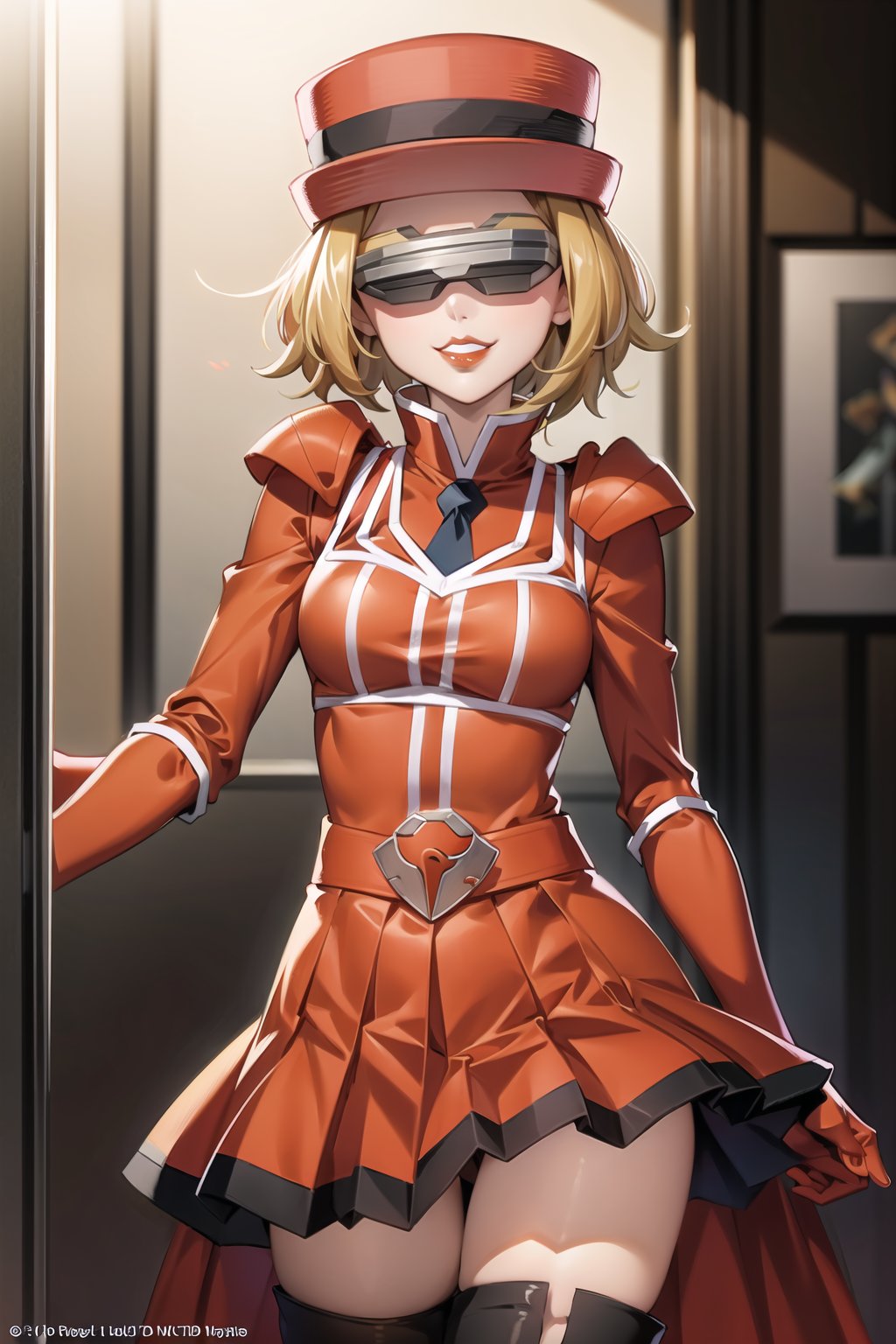 (best quality), (highly detailed), masterpiece, (official art),serena, hat, red hat , short hair, (team flare:1.2), (head-mounted display), red lips, gloves,juliet_sleeves, long_sleeves , pleated skirt, thighhighs, hat, thigh boots, dress, belt, red dress, pantyhose, (lips:1.2), grin, smirk, (seductive pose:1.2), cowboy shot, looking at viewer, indoors, blurry background,depth of field, best quality, masterpiece, intricate details, tonemapping, sharp focus, hyper detailed, trending on Artstation,