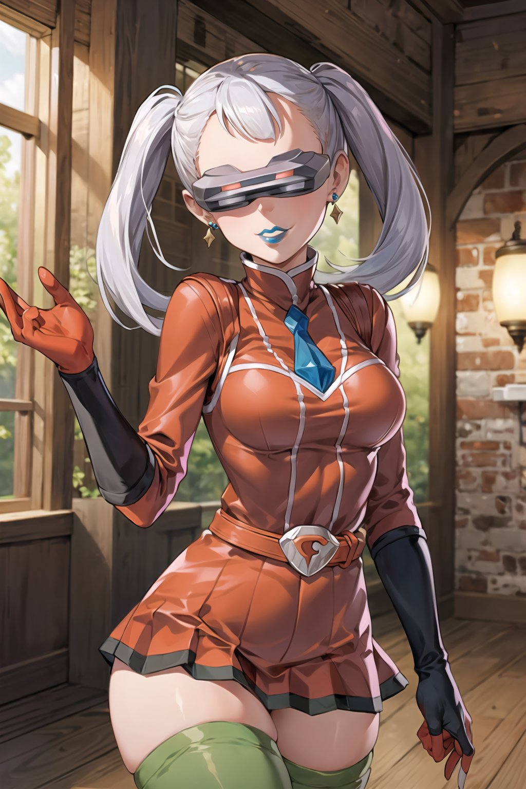 (best quality), (highly detailed), masterpiece, (official art),noelle_silva, silver hair, twintails, bangs, earrings, jewelry, (team flare:1.2), (head-mounted display), blue lips, gloves,juliet_sleeves, long_sleeves , pleated skirt, thighhighs, thigh boots, dress, belt, red dress, pantyhose, (lips:1.2), evil smile, (seductive pose:1.2), cowboy shot, looking at viewer, indoors, blurry background,depth of field, best quality, masterpiece, intricate details, tonemapping, sharp focus, hyper detailed, trending on Artstation,