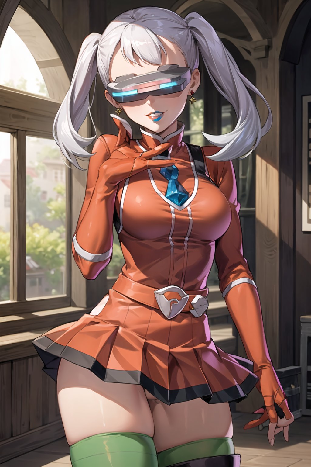 (best quality), (highly detailed), masterpiece, (official art),noelle_silva, silver hair, twintails, bangs, earrings, jewelry, (team flare:1.2), (head-mounted display), blue lips, gloves,juliet_sleeves, long_sleeves , pleated skirt, thighhighs, thigh boots, dress, belt, red dress, pantyhose, (lips:1.2), evil smile, (seductive pose:1.2), cowboy shot, looking at viewer, indoors, blurry background,depth of field, best quality, masterpiece, intricate details, tonemapping, sharp focus, hyper detailed, trending on Artstation,