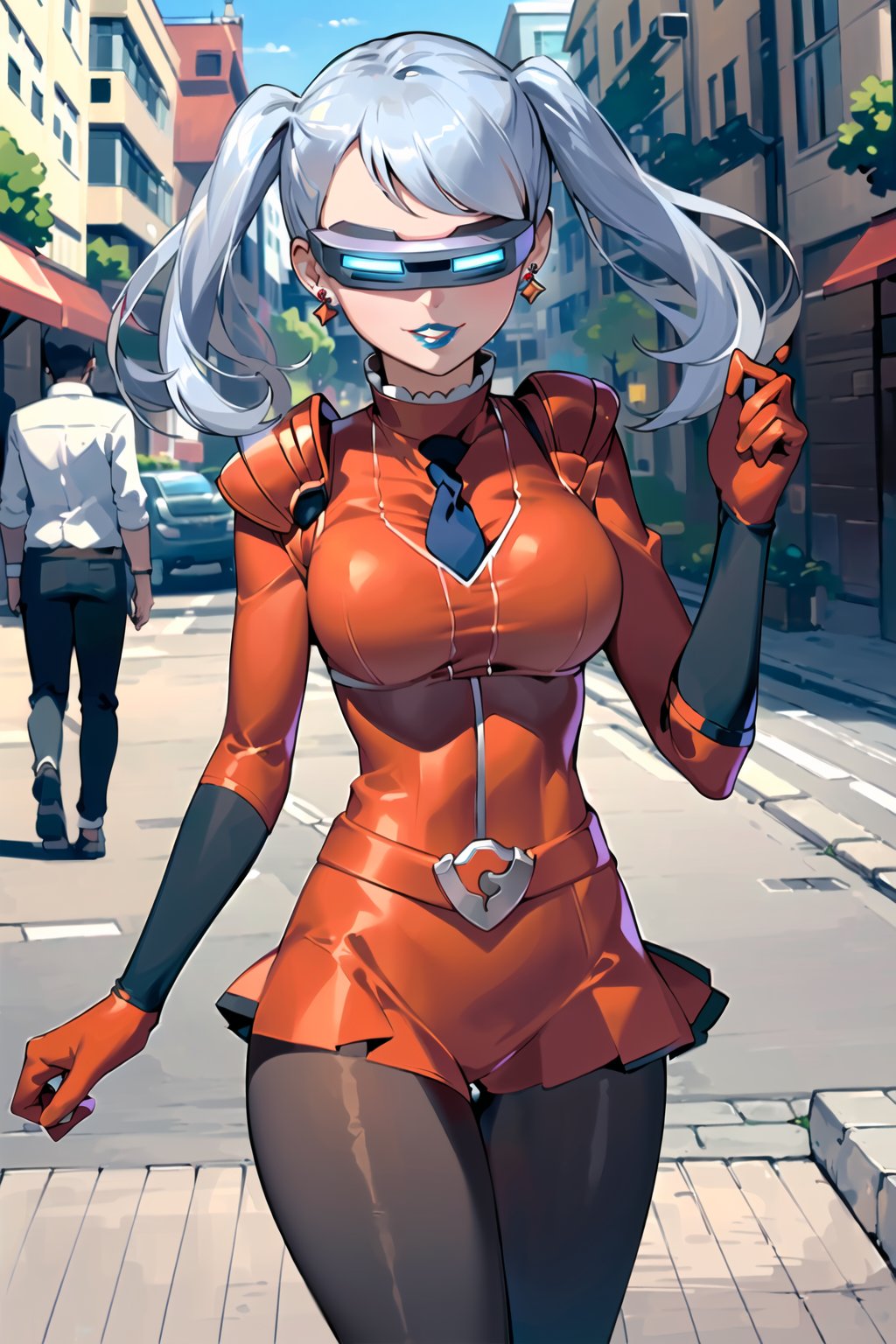 ((best quality)), ((highly detailed)), masterpiece, ((official art), (noelle_silva, silver hair, twintails, bangs, earrings, jewelry), (head-mounted display), evil smile, lips, blue lips, outdoor, city, street,  (red bodysuit), shoulder armor,  shoulder pads, necktie, red gloves, red jacket, belt, red skirt, black pantyhose, 