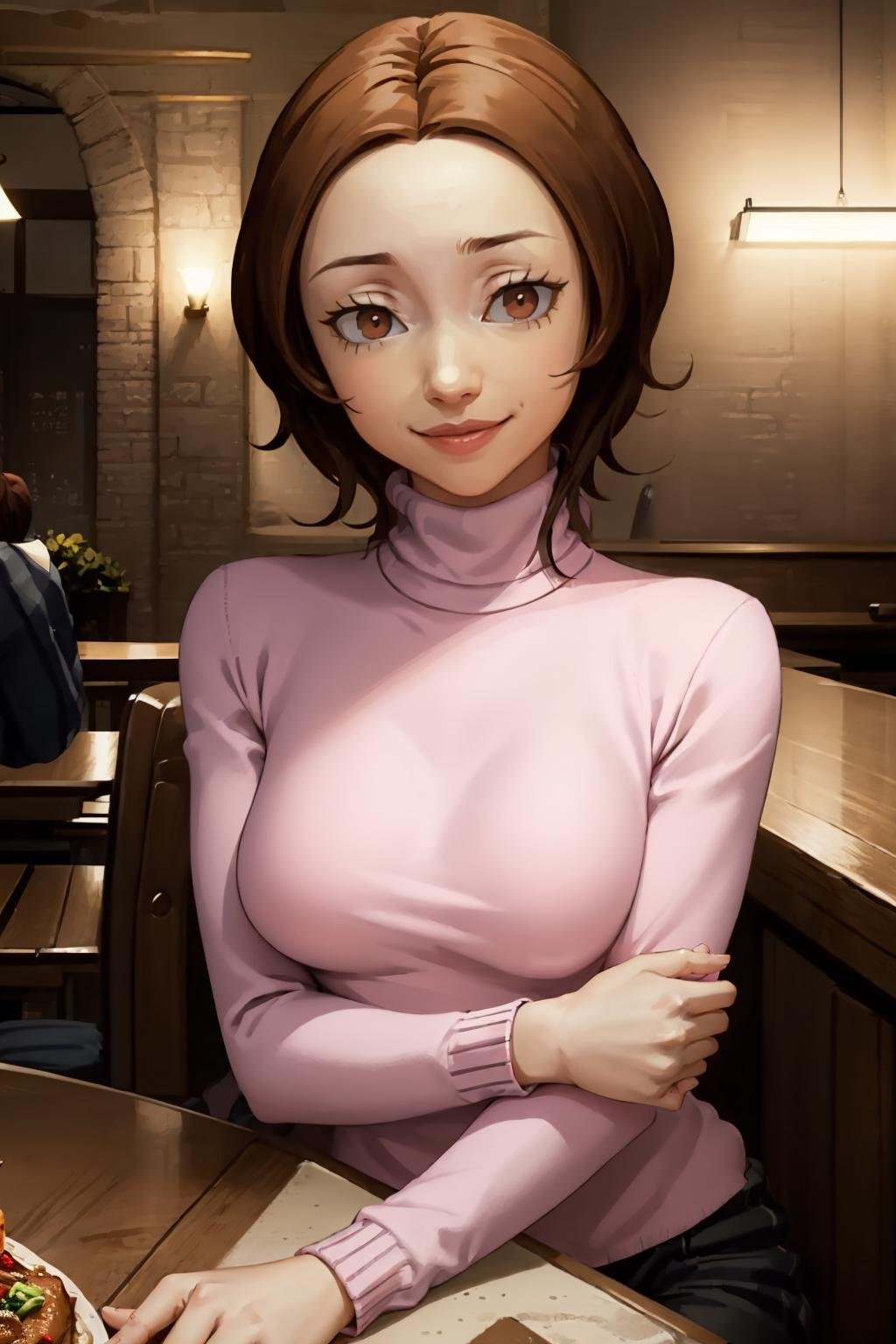 (masterpiece, best quality:1.2) <lora:kashiwaginoriko:1>, kashiwaginoriko, sweater, smile, looking at viewer, short hair, indoors, 1girl, pink sweater, pov, sitting, long sleeves, table, restaurant, turtleneck, turtleneck sweater