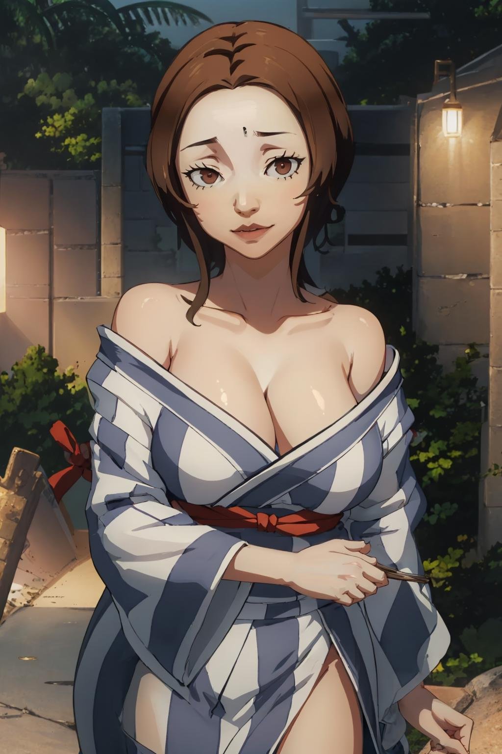 (masterpiece, best quality:1.2) <lora:kashiwaginoriko:1>, kashiwaginorikorobe, breasts, short hair, large breasts, cleavage, japanese clothes, kimono, outdoors, festival, food stand, 