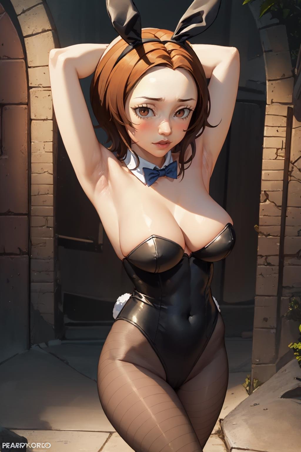 (masterpiece, best quality:1.2) <lora:kashiwaginoriko:1>, kashiwaginoriko, 1girl, breasts, solo, animal ears, playboy bunny, pantyhose, rabbit ears, fishnets, fishnet pantyhose, leotard, short hair, bow, large breasts, bowtie, detached collar, traditional bowtie, black leotard, fake animal ears, looking at viewer, arms up, blush, blue bow, armpits, blue bowtie, highleg leotard, strapless, thighs, highleg, strapless leotard, bare shoulders, 