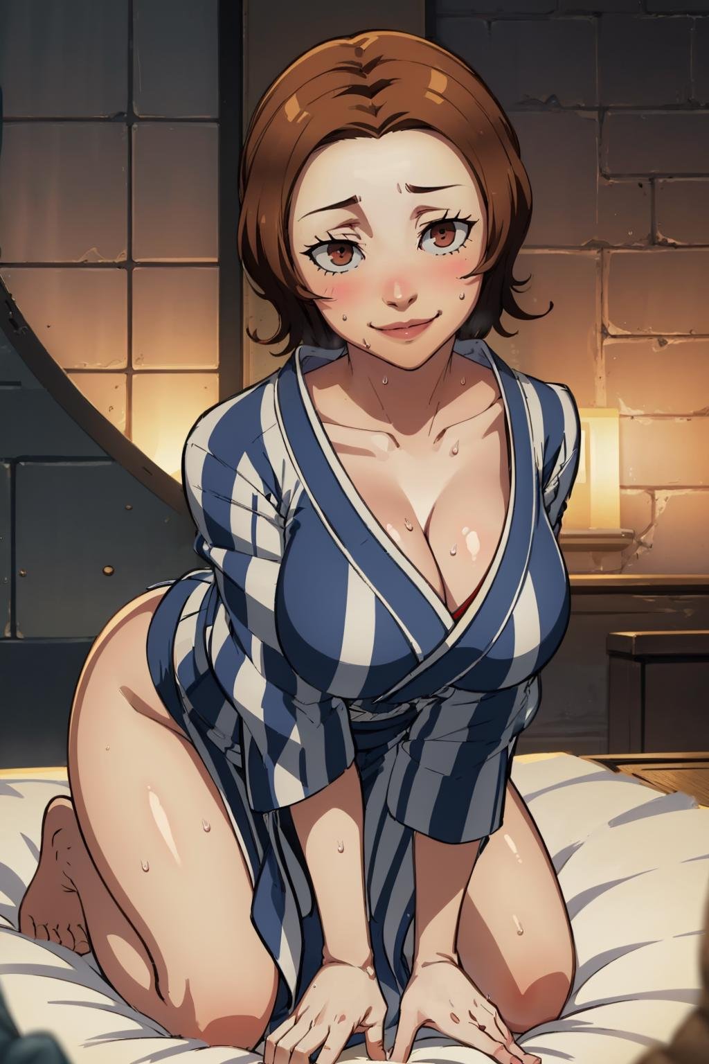 (masterpiece, best quality:1.2) <lora:kashiwaginoriko:1>, kashiwaginorikorobe, breasts, looking at viewer, blush, smile, short hair, large breasts, cleavage, sweat, japanese clothes, kimono, indoors, bedroom, kneeling, 