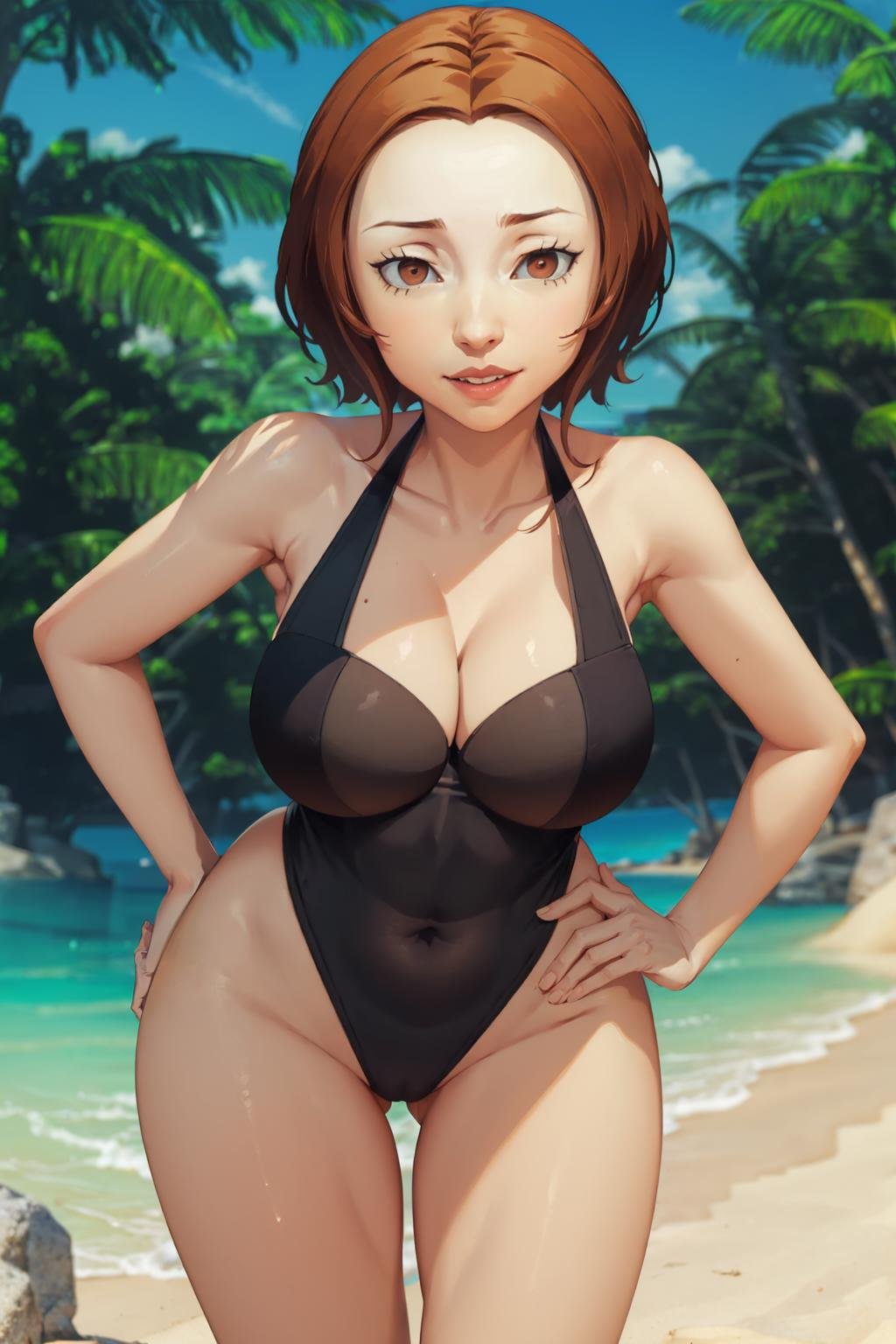 (masterpiece, best quality:1.2) <lora:kashiwaginoriko:1>, kashiwaginorikoswimsuit, 1girl, solo, breasts, short hair, large breasts, cleavage, standing, swimsuit, one-piece swimsuit, beach, ocean, hands on hips, naughty face,