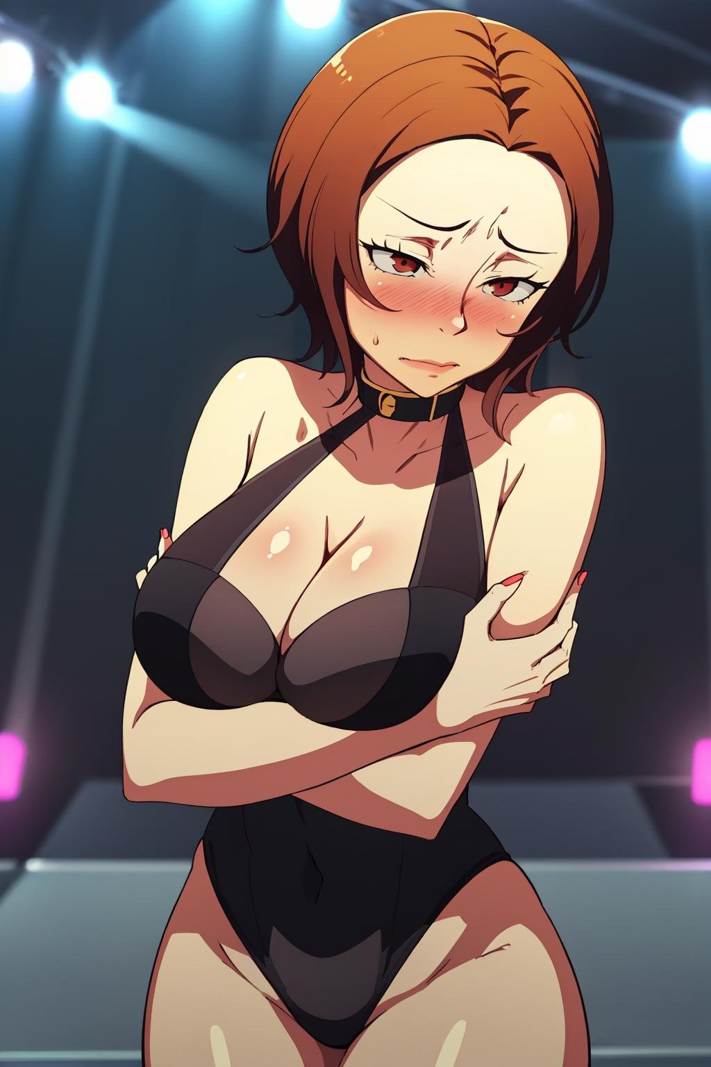 (masterpiece, best quality:1.2) <lora:kashiwaginoriko:1>, kashiwaginorikoswimsuit, 1girl, solo, breasts, short hair, large breasts, cleavage, swimsuit, one-piece swimsuit, stage, stage curtains, stage lights, dark, indoors, crossed arms, embarrassed, blush,