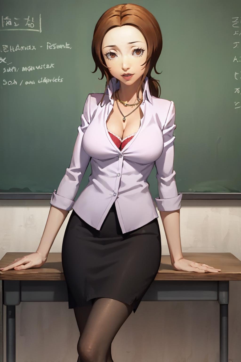 (masterpiece, best quality:1.2) <lora:kashiwaginoriko:1>, kashiwaginorikouniform, 1girl, solo, breasts, skirt, cleavage, jewelry, pantyhose, necklace, pencil skirt, large breasts, indoors, desk, sitting, chalkboard, chair, classroom, 