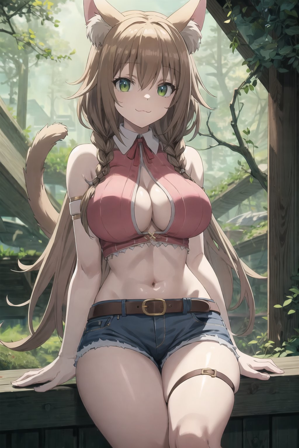 (masterpiece),illustration,ray tracing,finely detailed,best detailed,Clear picture,intricate details,highlight,
anime,

gothic architecture,

matrue female,milf,
bisyoujo,lady,
tsurime eyes,
oval face,

looking at viewer,
medium breasts,redundant breasts,Big boobs,
the lakeside in the heart of the forest,

Mireiyu,
cat ear,
navel,
:3,
single braid,brown hair,
pink cloths,
sleeveless,
short jeans,leather belt,Mireiyu