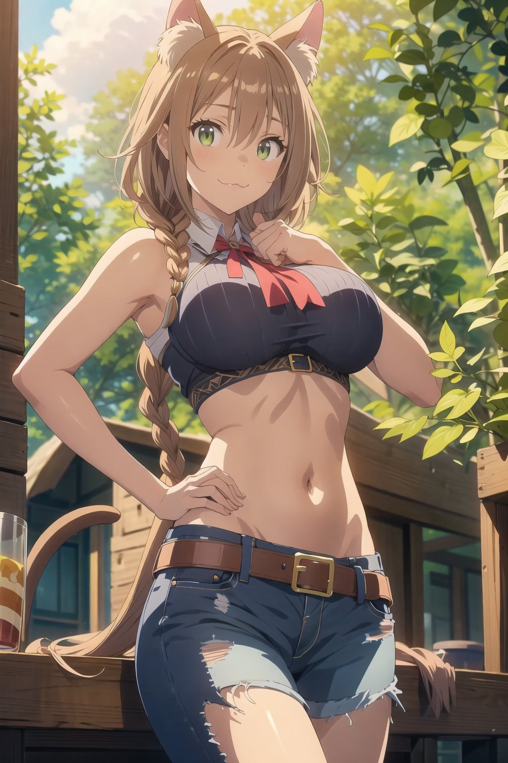 (masterpiece),illustration,ray tracing,finely detailed,best detailed,Clear picture,intricate details,highlight,
anime,

gothic architecture,

matrue female,milf,
bisyoujo,lady,
tsurime eyes,
oval face,

looking at viewer,
medium breasts,redundant breasts,Big boobs,
the lakeside in the heart of the forest,

Mireiyu,
cat ear,
navel,
:3,
single braid,brown hair,
pink cloths,
sleeveless,
short jeans,leather belt,Mireiyu