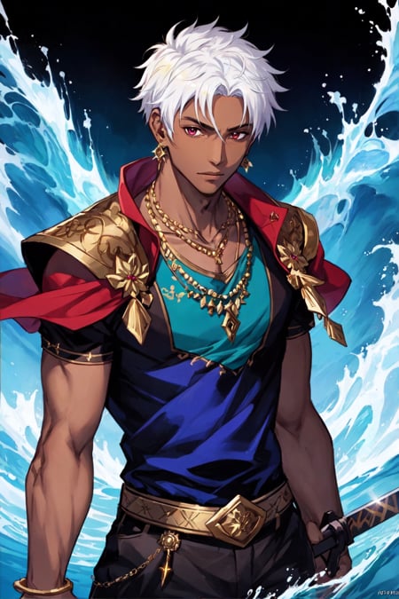 1boy, belt, closed mouth, dark skin, dark-skinned male, earrings, jewelry, looking at viewer, male focus, necklace, short hair, solo, sword, water, weapon, white hair, masterpiece, official art