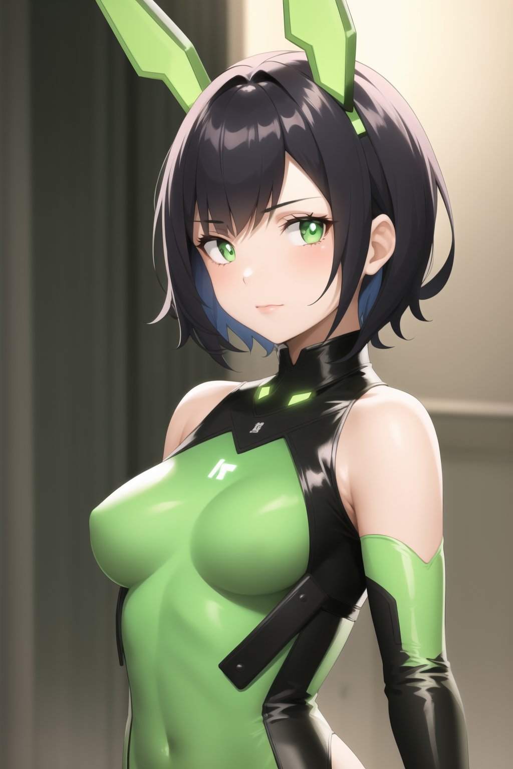 bbmbbf, 1girl, solo, green eyes, looking at viewer, black hair, breasts, medium breasts, bare shoulders, bangs, elbow gloves, gloves, arms at sides, leotard, short hair, lips, closed mouth, glowing, neon trim, science fiction, green leotard, headgear, upper body