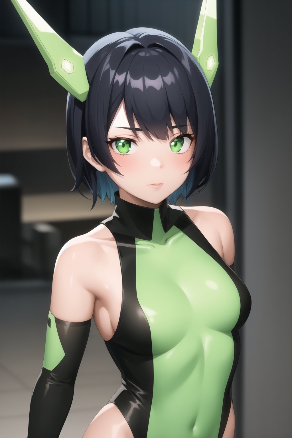 bbmbbf, 1girl, solo, green eyes, looking at viewer, black hair, breasts, medium breasts, bare shoulders, bangs, elbow gloves, gloves, arms at sides, leotard, short hair, lips, closed mouth, glowing, neon trim, science fiction, green leotard, headgear, upper body