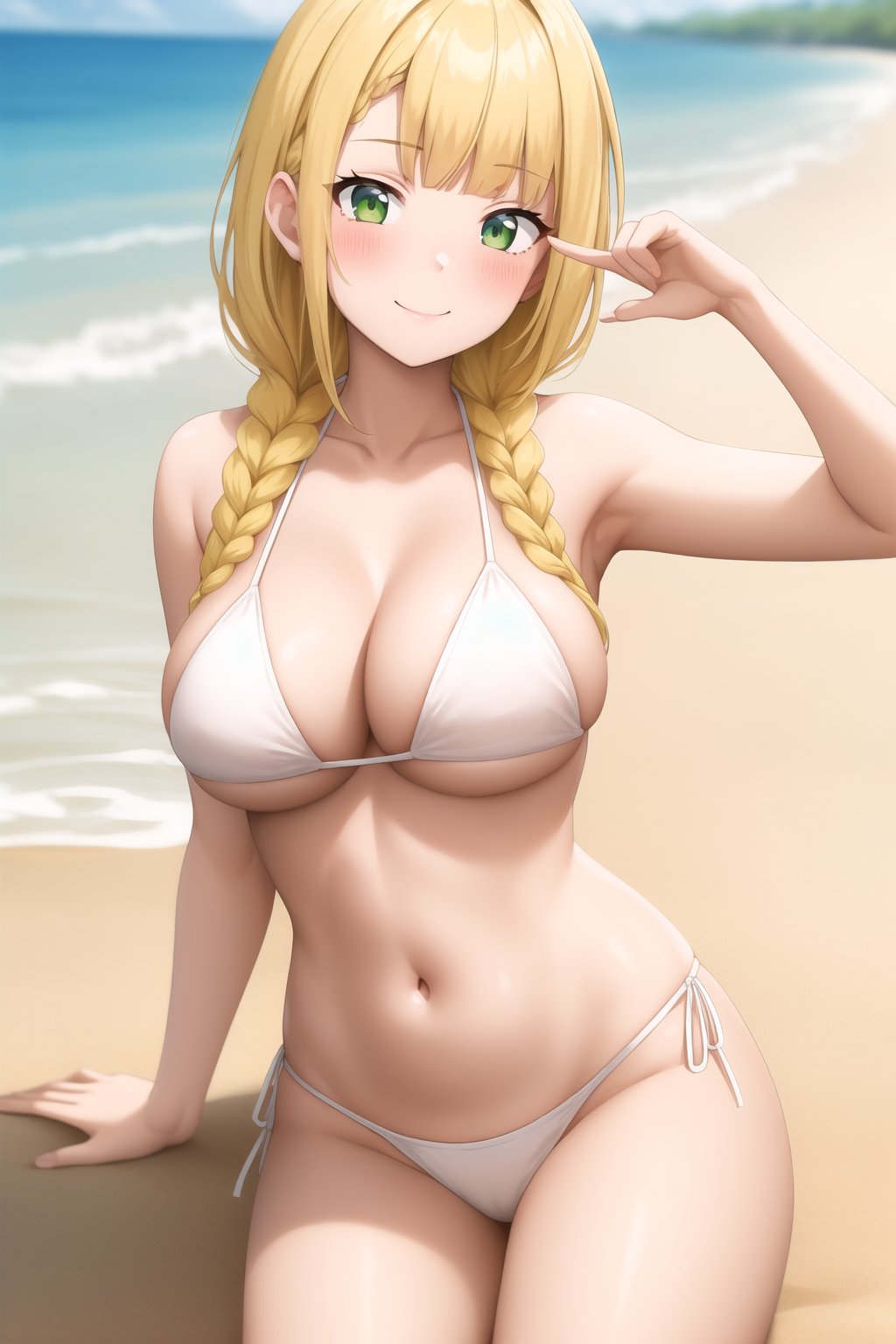 Masterpiece, bbmbbf, 1girl, solo, blonde hair, long hair, green eyes, swimsuit, bikini, navel, beach, looking at viewer, smile, braid, breasts, detailed background, bangs, collarbone, blush, closed mouth, bare shoulders, cleavage, blunt bangs, white bikini, big breasts