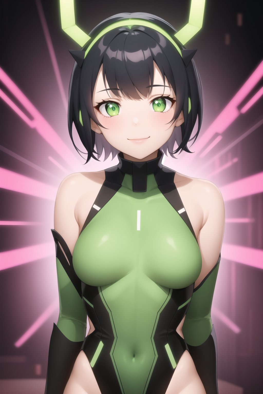 bbmbbf, 1girl, solo, green eyes, looking at viewer, black hair, breasts, medium breasts, bare shoulders, bangs, elbow gloves, gloves, arms at sides, leotard, smile, short hair, lips, closed mouth, glowing, neon trim, science fiction, green leotard, headgear, upper body