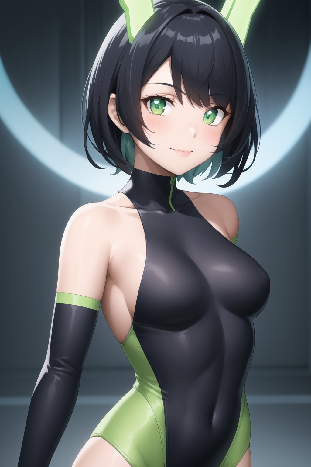 bbmbbf, 1girl, solo, green eyes, looking at viewer, black hair, breasts, medium breasts, bare shoulders, bangs, elbow gloves, gloves, arms at sides, leotard, smile, short hair, lips, closed mouth, glowing, neon trim, science fiction, green leotard, headgear, upper body