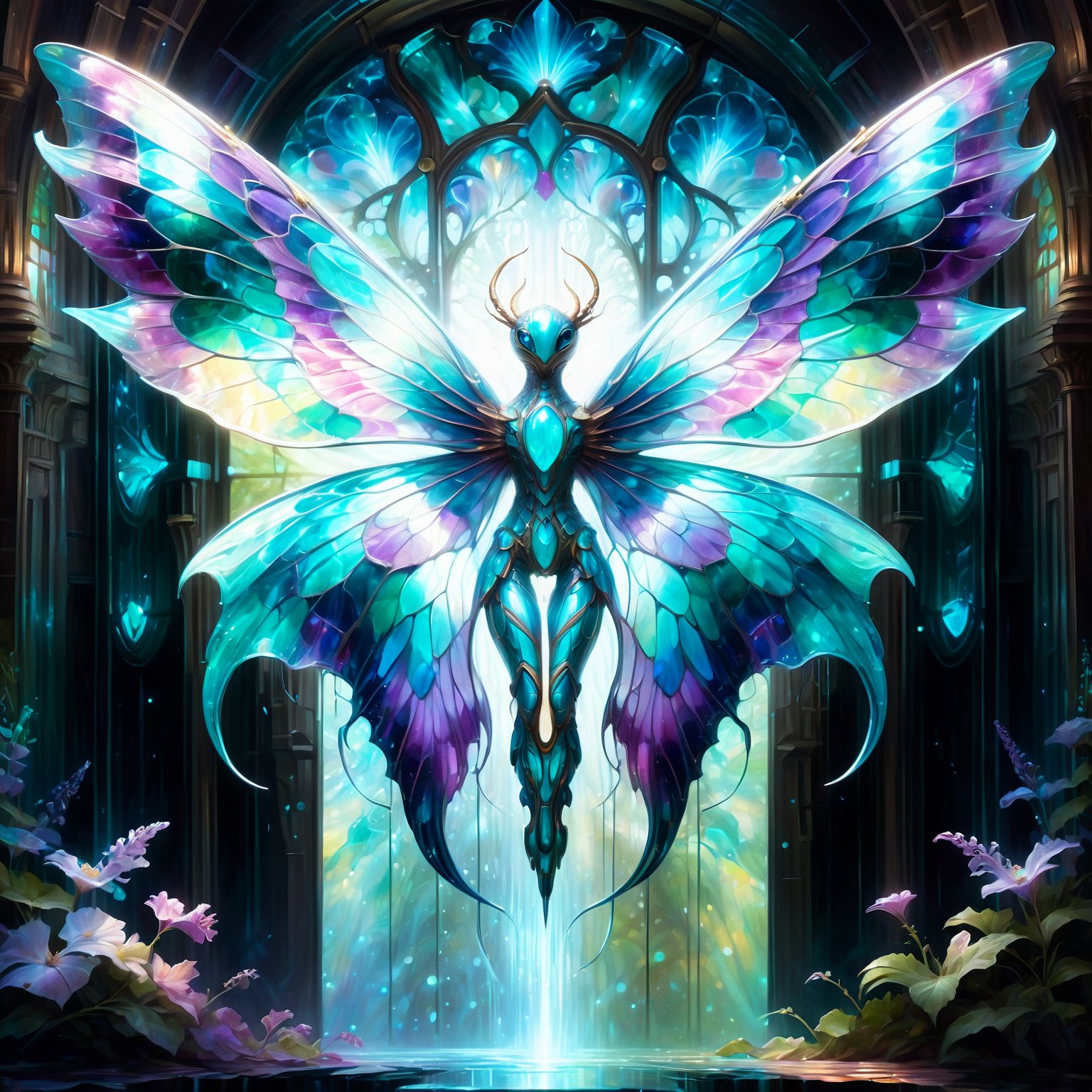 In a dreamlike acrylic painting, a mesmerizingly ethereal creature takes center stage. Its body is adorned with soft, flickering bioluminescence, creating an otherworldly glow that illuminates the surrounding darkness. The elegant and intricate pattern of its translucent wings resembles delicate stained glass, reflecting vibrant hues of turquoise and amethyst. Its fragile yet resilient form floats effortlessly in the air, radiating a serene and captivating presence. This stunning image leaves viewers breathless, with its masterful brushstrokes and meticulous attention to detail, truly showcasing the artist's exceptional talent.