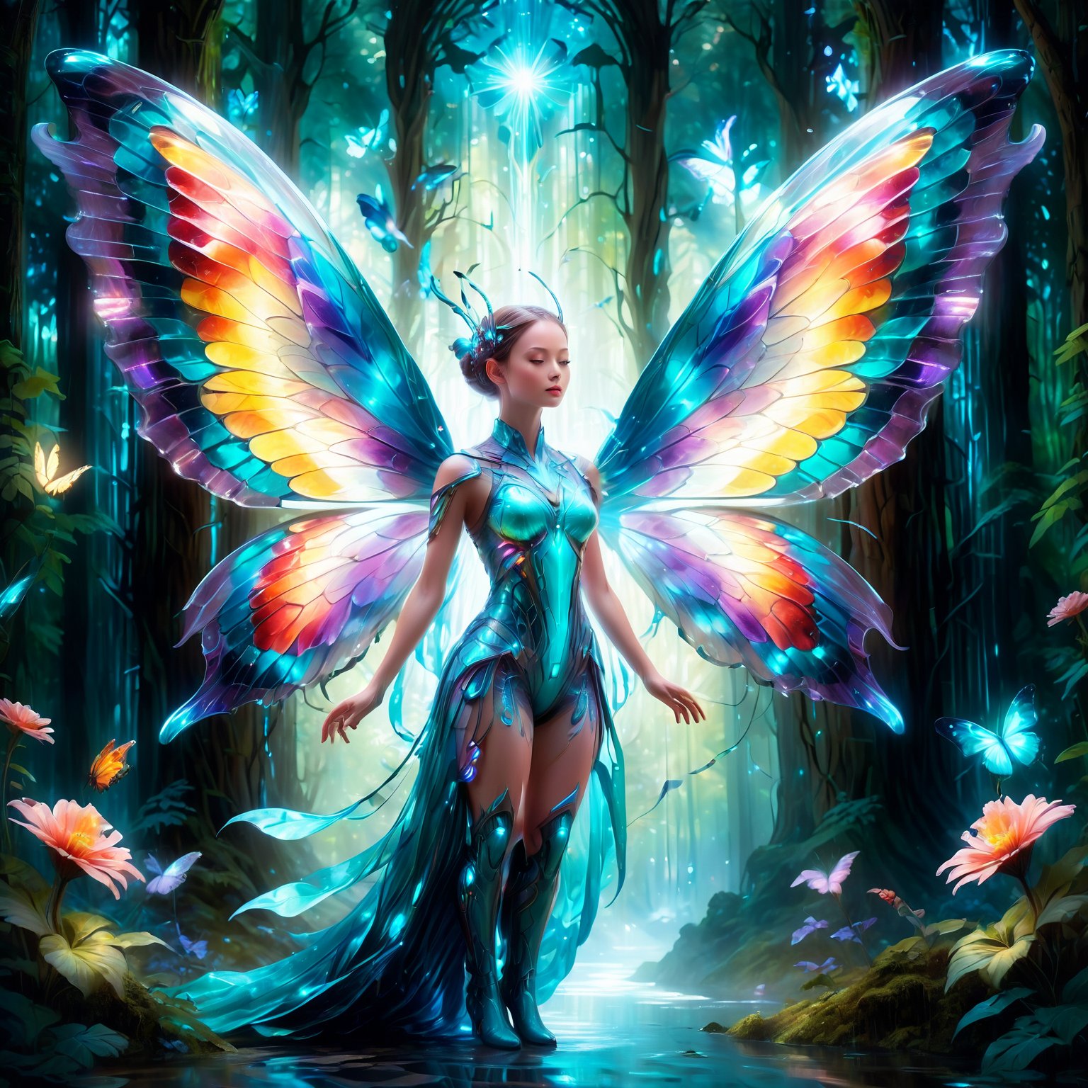 In a surreal digital artwork, a girl with radiant butterfly wings stands in a mystical forest. Her body emits a gentle, pulsating glow, casting an ethereal light that reveals hidden forest details. The wings, a masterpiece of nature's art, display a kaleidoscope of shimmering colors, from deep sea blues to fiery sunset oranges. She seems to dance on the air, her movements graceful and fluid, surrounded by a halo of softly glowing particles. This captivating scene, with its rich palette and dreamy atmosphere, is a testament to the digital artist's skill, blending fantasy and realism in a breathtaking visual narrative.