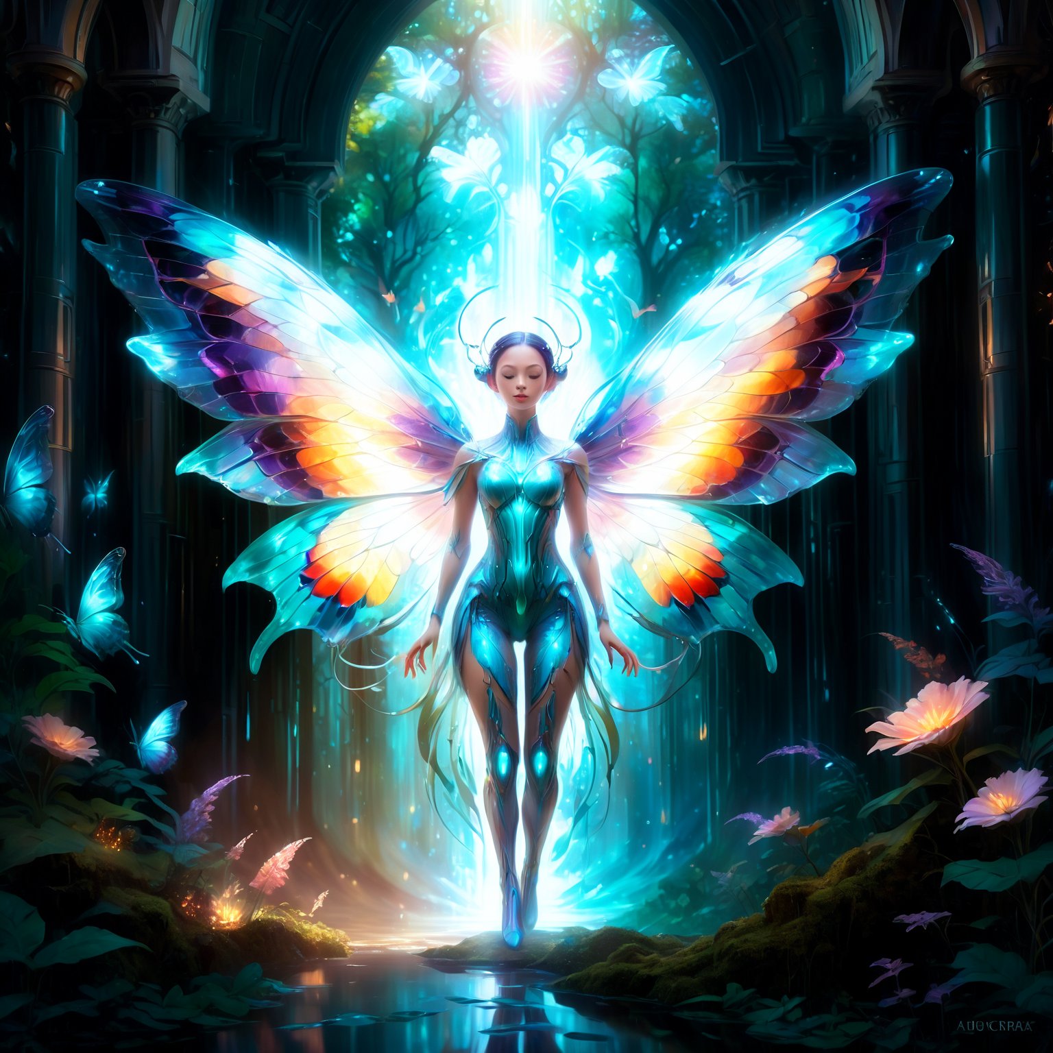 In a surreal digital artwork, a girl with radiant butterfly wings stands in a mystical forest. Her body emits a gentle, pulsating glow, casting an ethereal light that reveals hidden forest details. The wings, a masterpiece of nature's art, display a kaleidoscope of shimmering colors, from deep sea blues to fiery sunset oranges. She seems to dance on the air, her movements graceful and fluid, surrounded by a halo of softly glowing particles. This captivating scene, with its rich palette and dreamy atmosphere, is a testament to the digital artist's skill, blending fantasy and realism in a breathtaking visual narrative.