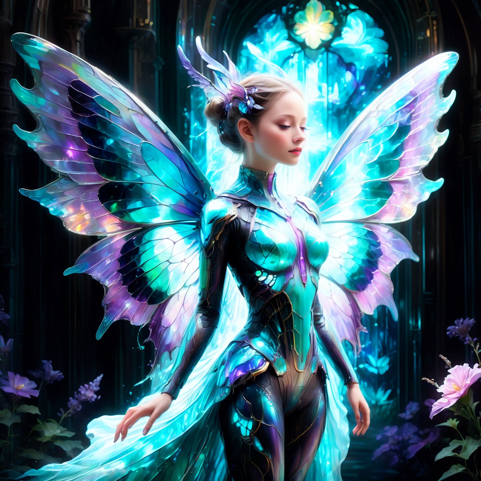 dreamlike acrylic painting, mesmerizing ethereal girl with bioluminescent body, otherworldly glow illuminating darkness, elegant translucent wings like delicate stained glass, wings reflecting vibrant hues of turquoise and amethyst, fragile yet resilient form floating in air, serene and captivating presence, stunning image with masterful brushstrokes, meticulous attention to detail, showcasing exceptional talent, vibrant butterfly wings, by FuturEvoLab, (masterpiece: 2), best quality, ultra highres, original, extremely detailed, perfect lighting