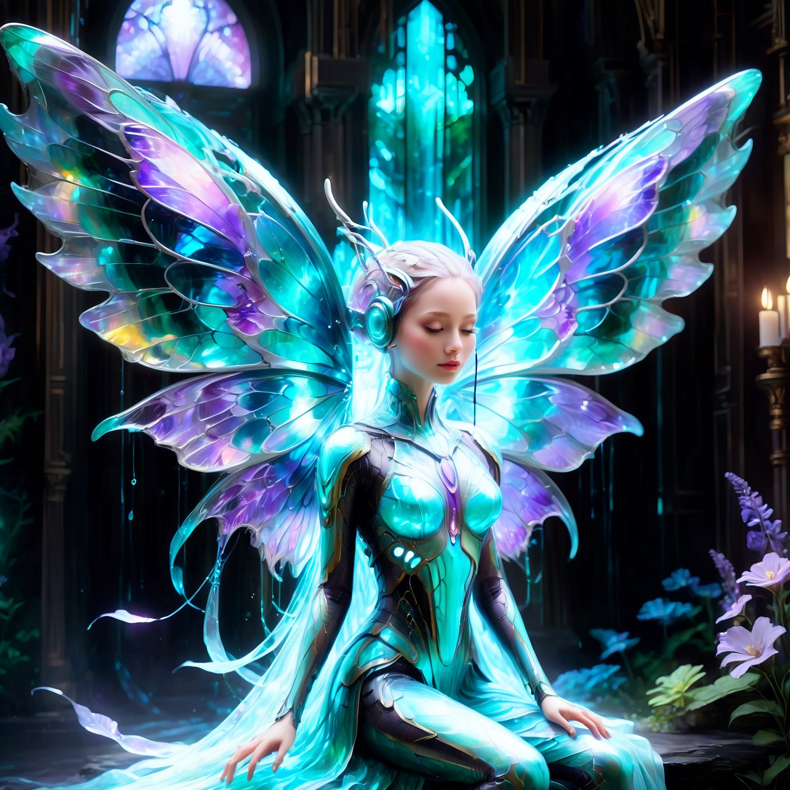 dreamlike acrylic painting, mesmerizing ethereal girl with bioluminescent body, otherworldly glow illuminating darkness, elegant translucent wings like delicate stained glass, wings reflecting vibrant hues of turquoise and amethyst, fragile yet resilient form floating in air, serene and captivating presence, stunning image with masterful brushstrokes, meticulous attention to detail, showcasing exceptional talent, vibrant butterfly wings, by FuturEvoLab, (masterpiece: 2), best quality, ultra highres, original, extremely detailed, perfect lighting