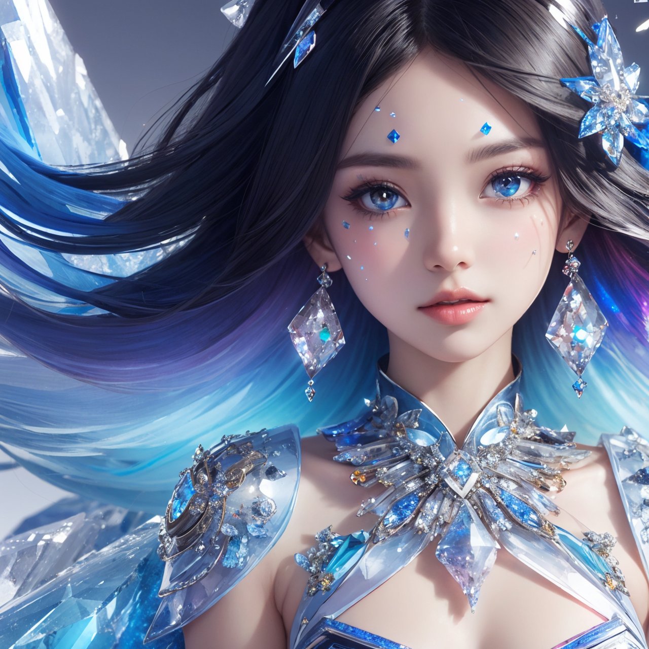 masterpiece,best quality,masterpiece,best quality,official art,extremely detailed CG unity 16k wallpaper,masterpiece,((1girl)),(science fiction:1.1),(ultra-detailed crystallization:1.5),(crystallizing girl:1.5),kaleidoscope,((iridescent:1.5) long hair),(glittering silver eyes),sitting,surrounded by colorful crystals,blue skin,(skin fusion with crystal:1.8),looking up,face focus,simple dress,transparent crystals,flat dark background,lens flare,prism,