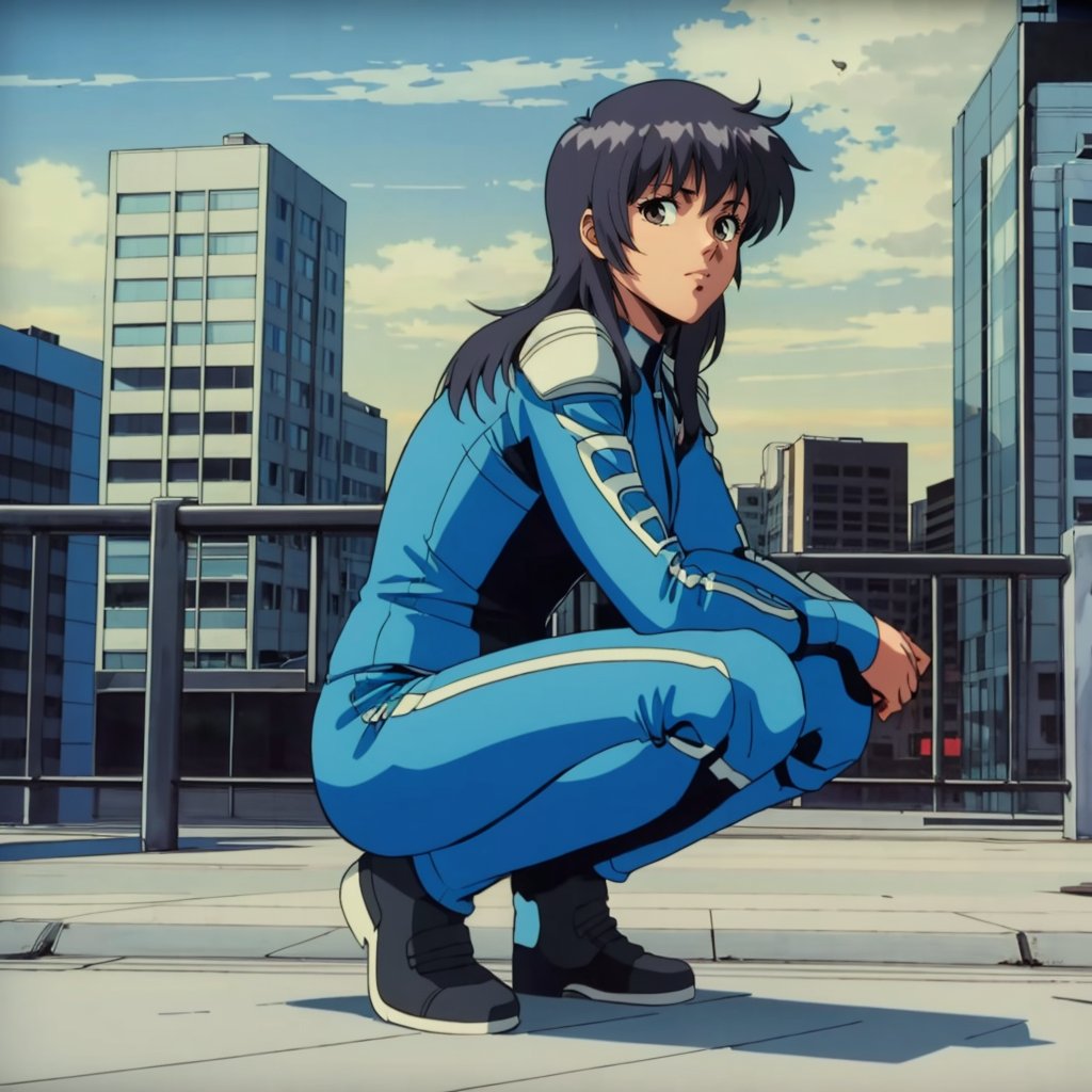 <lora:Sylvie001:0.7>,looking at viewer,Sylvie,1girl,black hair,long hair,blue pilot suit,full body,squatting,city,