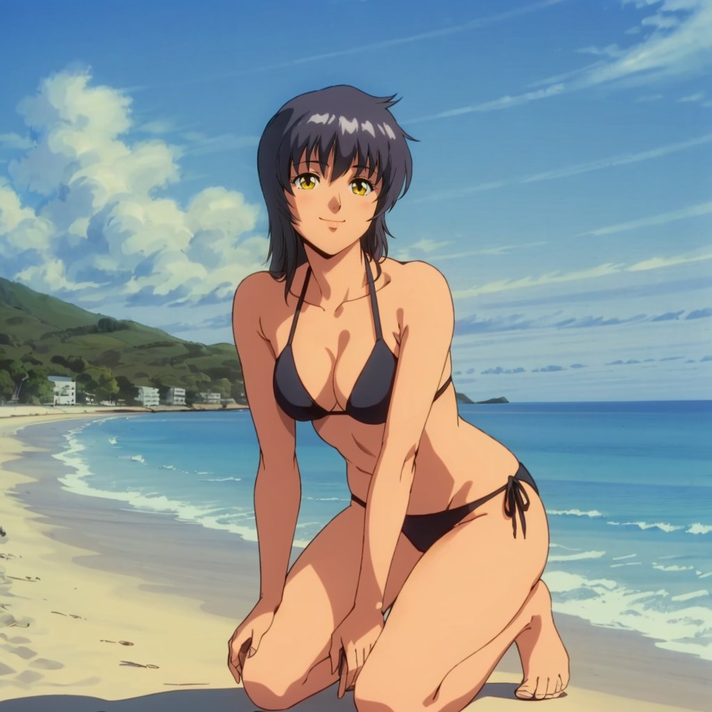 <lora:Sylvie001:0.7>,looking at viewer,smile,Sylvie,1girl,black hair,long hair,yellow eyes,bikini,ocean,beach,sunshine,kneeling,leaning_forward,