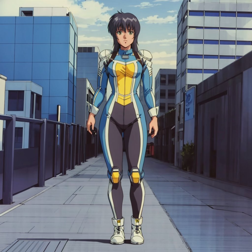 <lora:Sylvie001:0.7>,looking at viewer,Sylvie,1girl,black hair,long hair,blue pilot suit,full body,city,