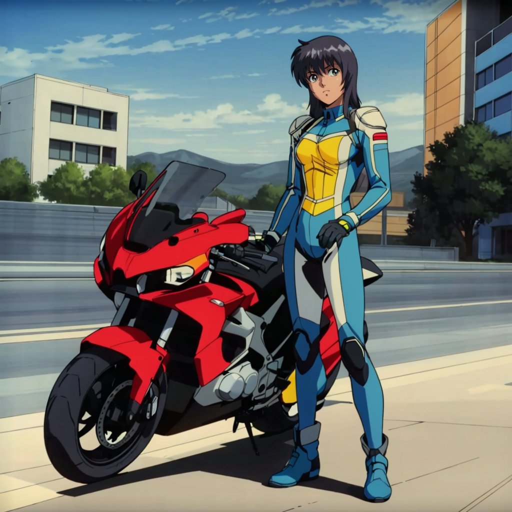 <lora:Sylvie001:0.7>,looking at viewer,Sylvie,1girl,black hair,long hair,blue pilot suit,full body,city,motorcycle,