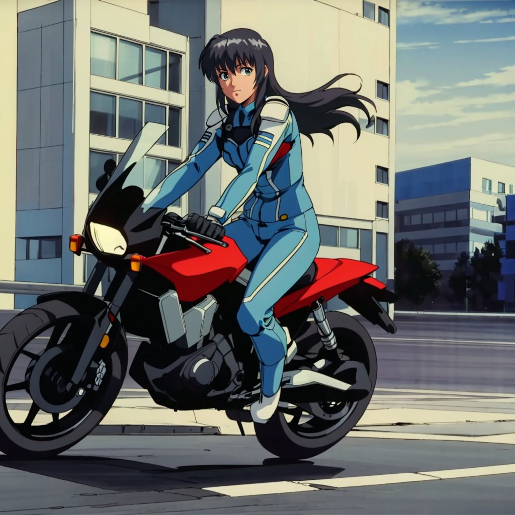 <lora:Sylvie001:0.7>,looking at viewer,Sylvie,1girl,black hair,long hair,blue pilot suit,full body,city,motorcycle,landing,