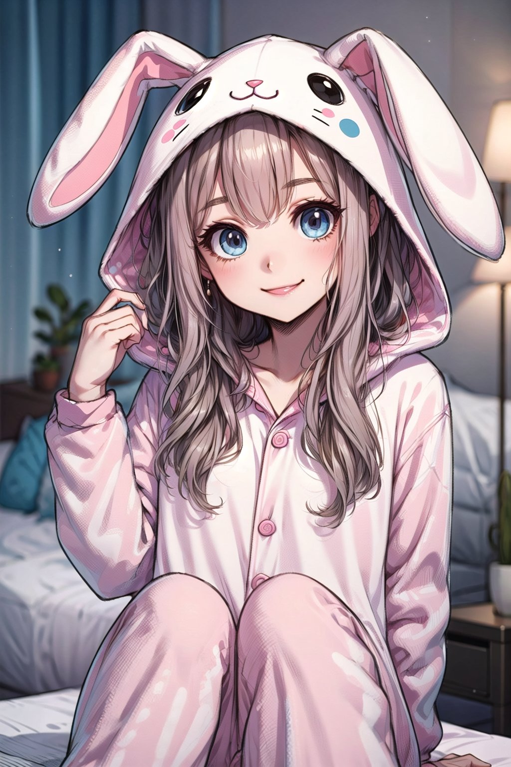girl, smile, pink pajama onesie bunny, kigurumi