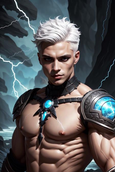 black humanoid made of rock, upper body, barechested, male, ((masterpiece, best quality)), cracked skin, white electricity coming through cracks, muscular male, (dragonborn:0.6), white hair outdoors, detailed background , depth of field, fantasy painting, oil painting, colored skin, black skin, 