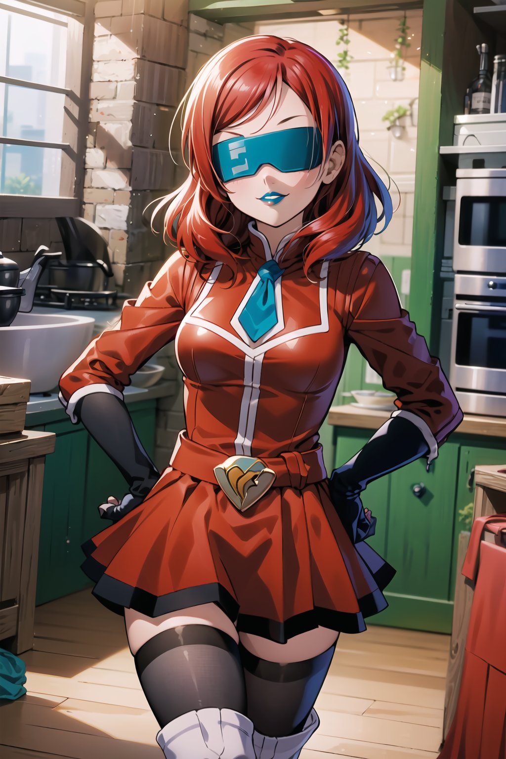 ((best quality)),  ((highly detailed)),  masterpiece,  ((official art)),  hand on hip, pose, red hair, nishikino maki, 1girl, (blindfold), evil smile, lips, ((blue lips)), gloves, juliet_sleeves, long_sleeves, pleated skirt, thighhighs, thigh boots, dress, belt, red dress, pantyhose, kitchen, looking at viewer, indoors,  alternate costume, brick, (intricately detailed, hyperdetailed), blurry background,depth of field, best quality, masterpiece, intricate details, tonemapping, sharp focus, hyper detailed, trending on Artstation,1 girl, high res, official art