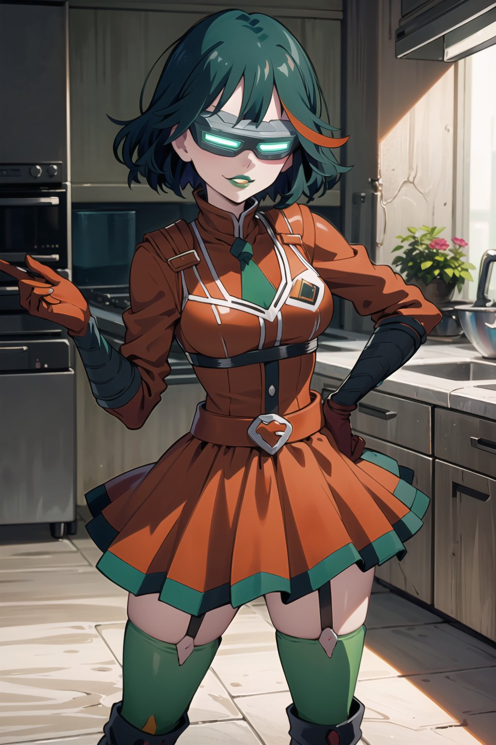 ((best quality)),  ((highly detailed)),  masterpiece,  ((official art)),  more_than_one_pose, stance, ryuuko matoi, 1girl, head-mounted display, evil smile, lips, ((green lips)), gloves, juliet_sleeves, long_sleeves, pleated skirt, thighhighs, thigh boots, dress, belt, red dress, pantyhose, kitchen, looking at viewer, indoors,  alternate costume, brick, (intricately detailed, hyperdetailed), blurry background,depth of field, best quality, masterpiece, intricate details, tonemapping, sharp focus, hyper detailed, trending on Artstation,1 girl, high res, official art,