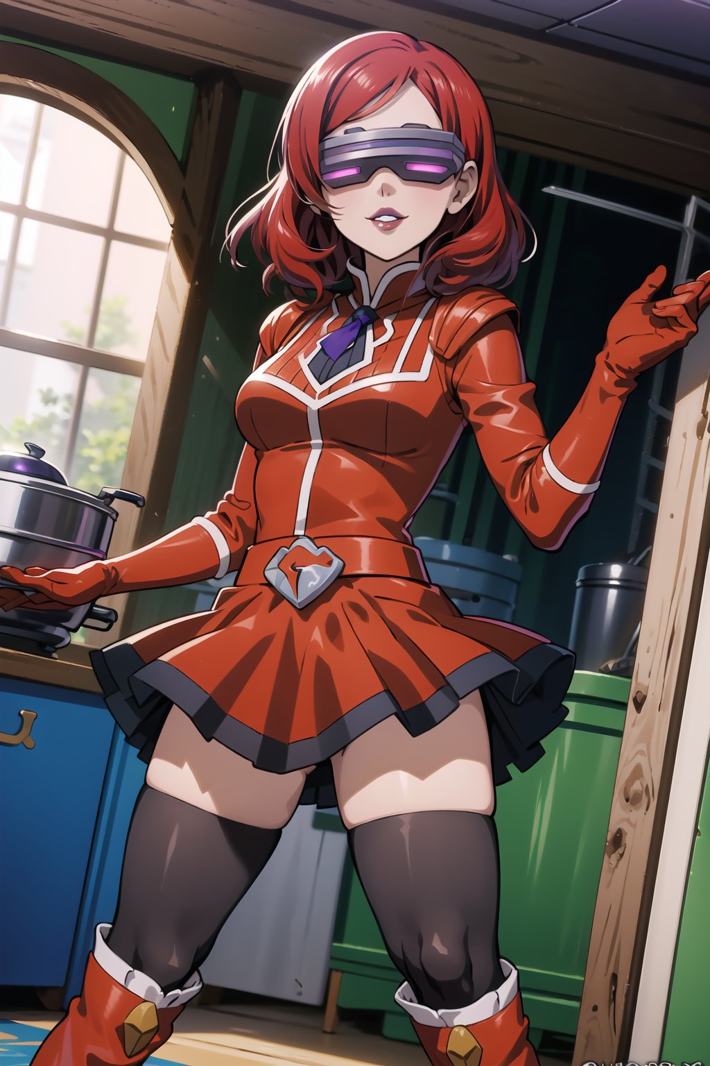 ((best quality)),  ((highly detailed)),  masterpiece,  ((official art)),  more_than_one_pose, stance, red hair, nishikino maki, 1girl, head-mounted display, evil smile, lips, (purple lips), gloves, juliet_sleeves, long_sleeves, pleated skirt, thighhighs, thigh boots, dress, belt, red dress, pantyhose, kitchen, looking at viewer, indoors,  alternate costume, brick, (intricately detailed, hyperdetailed), blurry background,depth of field, best quality, masterpiece, intricate details, tonemapping, sharp focus, hyper detailed, trending on Artstation,1 girl, high res, official art