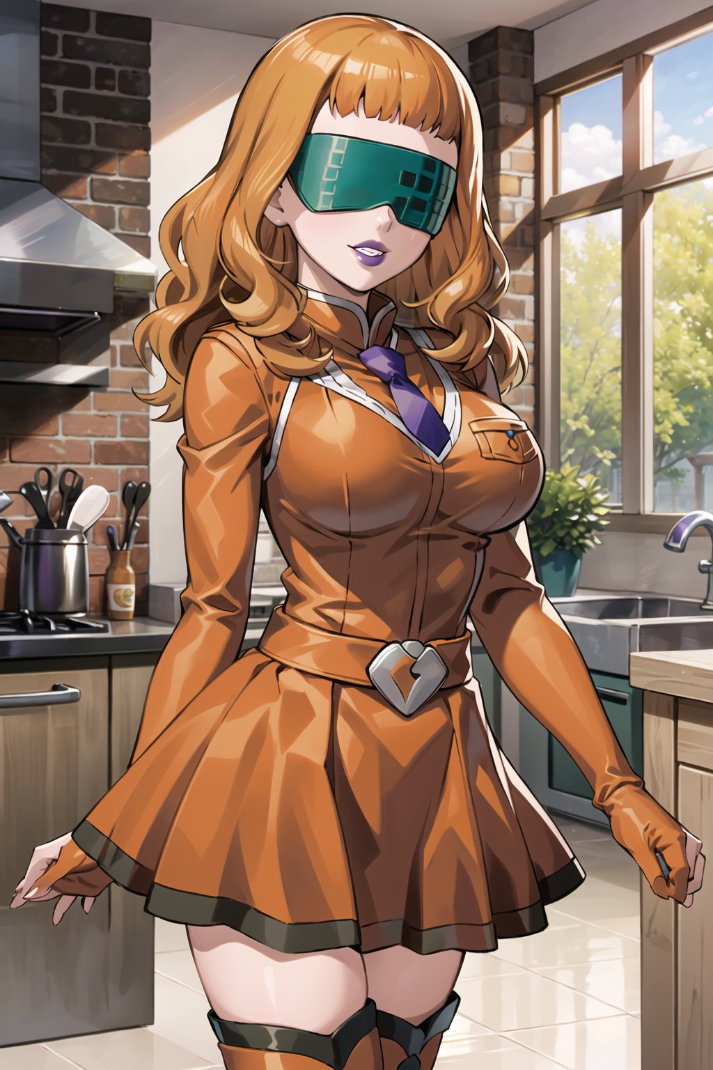 ((best quality)),  ((highly detailed)),  masterpiece,  ((official art)), mimosa vermilion ,  orange hair, 1girl, (blindfold), evil smile, (lips), (purple lips:1.2), gloves, Black necktie,juliet_sleeves, long_sleeves, pleated skirt, thighhighs, thigh boots, dress, belt, ((red dress)), pantyhose, kitchen, looking at viewer, indoors,  alternate costume, brick, (intricately detailed, hyperdetailed), blurry background,depth of field, best quality, masterpiece, intricate details, tonemapping, sharp focus, hyper detailed, trending on Artstation,1 girl, high res, official art