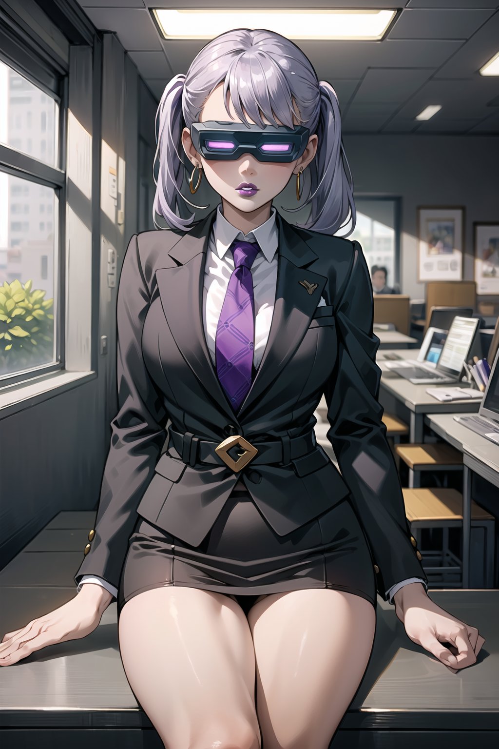 ((best quality)),  ((highly detailed)),  masterpiece,  ((official art)),  noelle_silva, silver hair, bangs, ponytail:1.2, sidelocks, hoop earrings,  1girl, head-mounted display,(lips:1.2), (purple lips:1.2), white shirt, necktie, black suit, pencil skirt, belt, Black pantyhose, looking at viewer, indoors, Office, desk, Windows, formal, (intricately detailed, hyperdetailed), blurry background,depth of field, best quality, masterpiece, intricate details, tonemapping, sharp focus, hyper detailed, trending on Artstation,1 girl, high res, official art