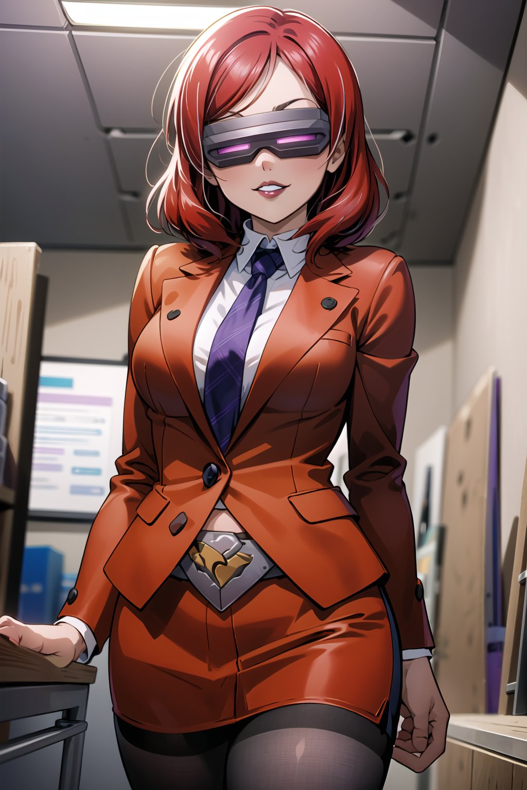 ((best quality)),  ((highly detailed)),  masterpiece,  ((official art)),  red hair, nishikino maki, 1girl, head-mounted display, evil smile, lips, (purple lips), white shirt, necktie, red suit, pencil skirt, belt, Black pantyhose, looking at viewer, indoors, Office, desk, Windows, formal, (intricately detailed, hyperdetailed), blurry background,depth of field, best quality, masterpiece, intricate details, tonemapping, sharp focus, hyper detailed, trending on Artstation,1 girl, high res, official art