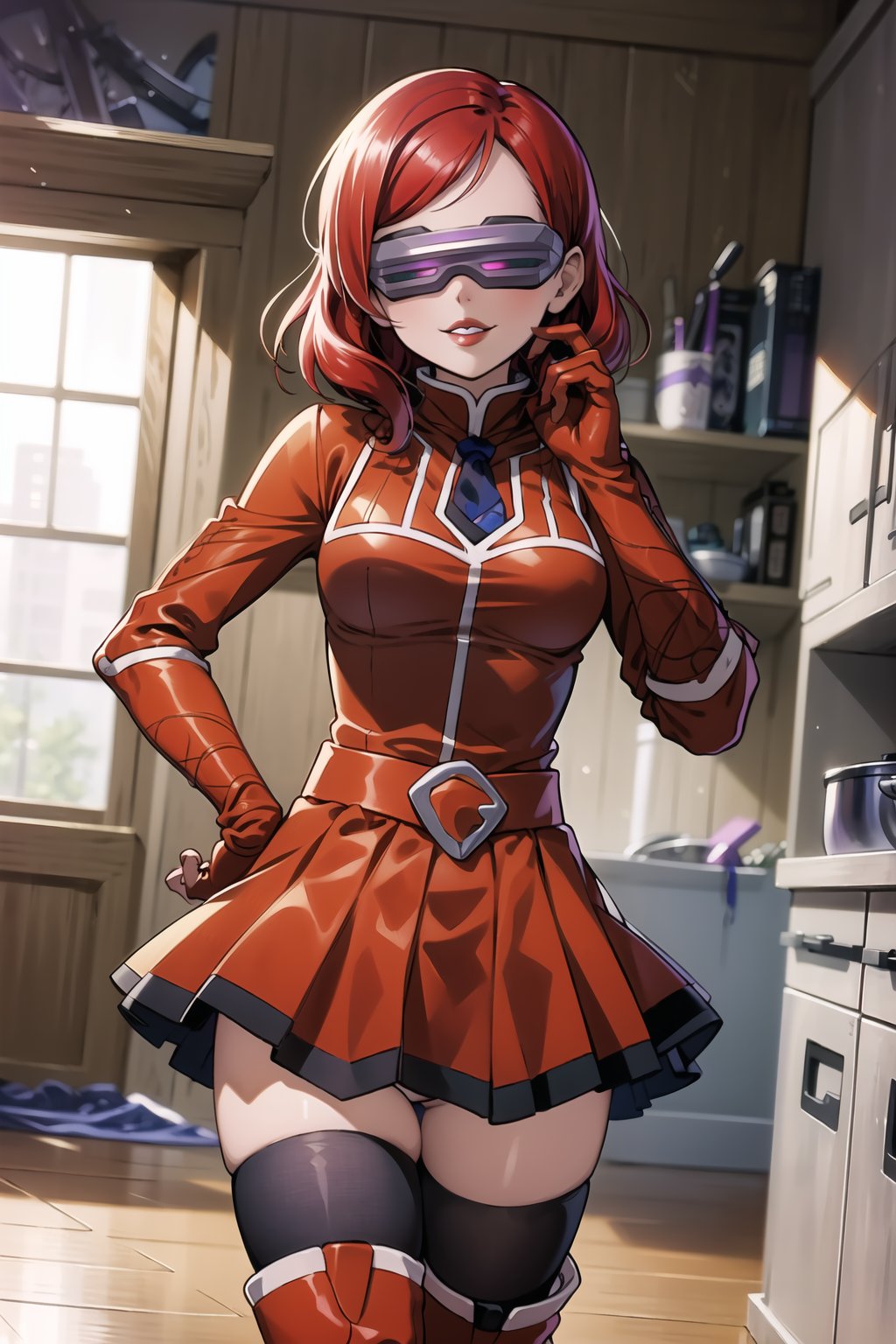 ((best quality)),  ((highly detailed)),  masterpiece,  ((official art)),  hand on hip, pose, red hair, nishikino maki, 1girl, head-mounted display, evil smile, lips, (purple lips), gloves, juliet_sleeves, long_sleeves, pleated skirt, thighhighs, thigh boots, dress, belt, red dress, pantyhose, kitchen, looking at viewer, indoors,  alternate costume, brick, (intricately detailed, hyperdetailed), blurry background,depth of field, best quality, masterpiece, intricate details, tonemapping, sharp focus, hyper detailed, trending on Artstation,1 girl, high res, official art