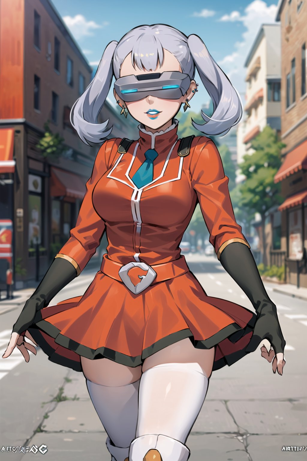 ((best quality)), ((highly detailed)), masterpiece, ((official art), (noelle_silva, silver hair, twintails, bangs, earrings, jewelry), (head-mounted display), evil smile, lips, blue lips, outdoor, city, street, gloves, juliet_sleeves, long_sleeves, pleated skirt, thighhighs, thigh boots, dress, belt, red dress, pantyhose,,  blurry background, depth of field, best quality, masterpiece, intricate details, tonemapping, sharp focus, hyper detailed, trending on Artstation,