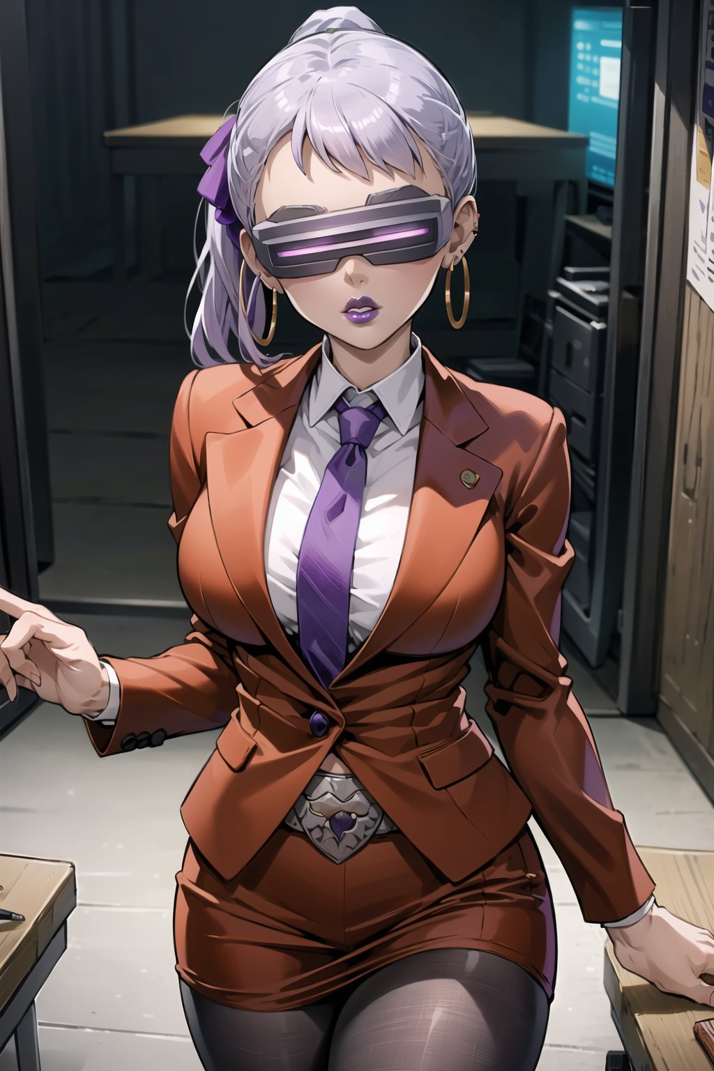 ((best quality)),  ((highly detailed)),  masterpiece,  ((official art)),  noelle_silva, silver hair, bangs, ponytail:1.2, sidelocks, hoop earrings,  1girl, head-mounted display,(lips:1.2), (purple lips:1.2), white shirt, necktie, red suit, pencil skirt, belt, Black pantyhose, looking at viewer, indoors, Office, desk, Windows, formal, (intricately detailed, hyperdetailed), blurry background,depth of field, best quality, masterpiece, intricate details, tonemapping, sharp focus, hyper detailed, trending on Artstation,1 girl, high res, official art