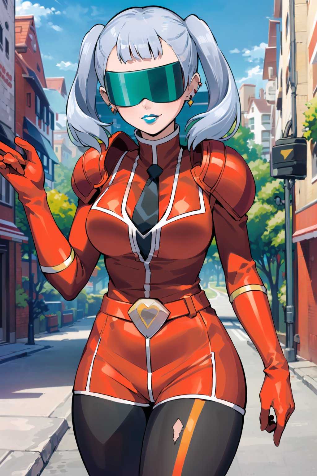 ((best quality)), ((highly detailed)), masterpiece, ((official art), (noelle_silva, silver hair, twintails, bangs, earrings, jewelry), (blindfold), evil smile, lips, blue lips, outdoor, city, street,  (red bodysuit), shoulder armor,  shoulder pads, necktie, red gloves, red jacket, belt, red skirt, black pantyhose, 