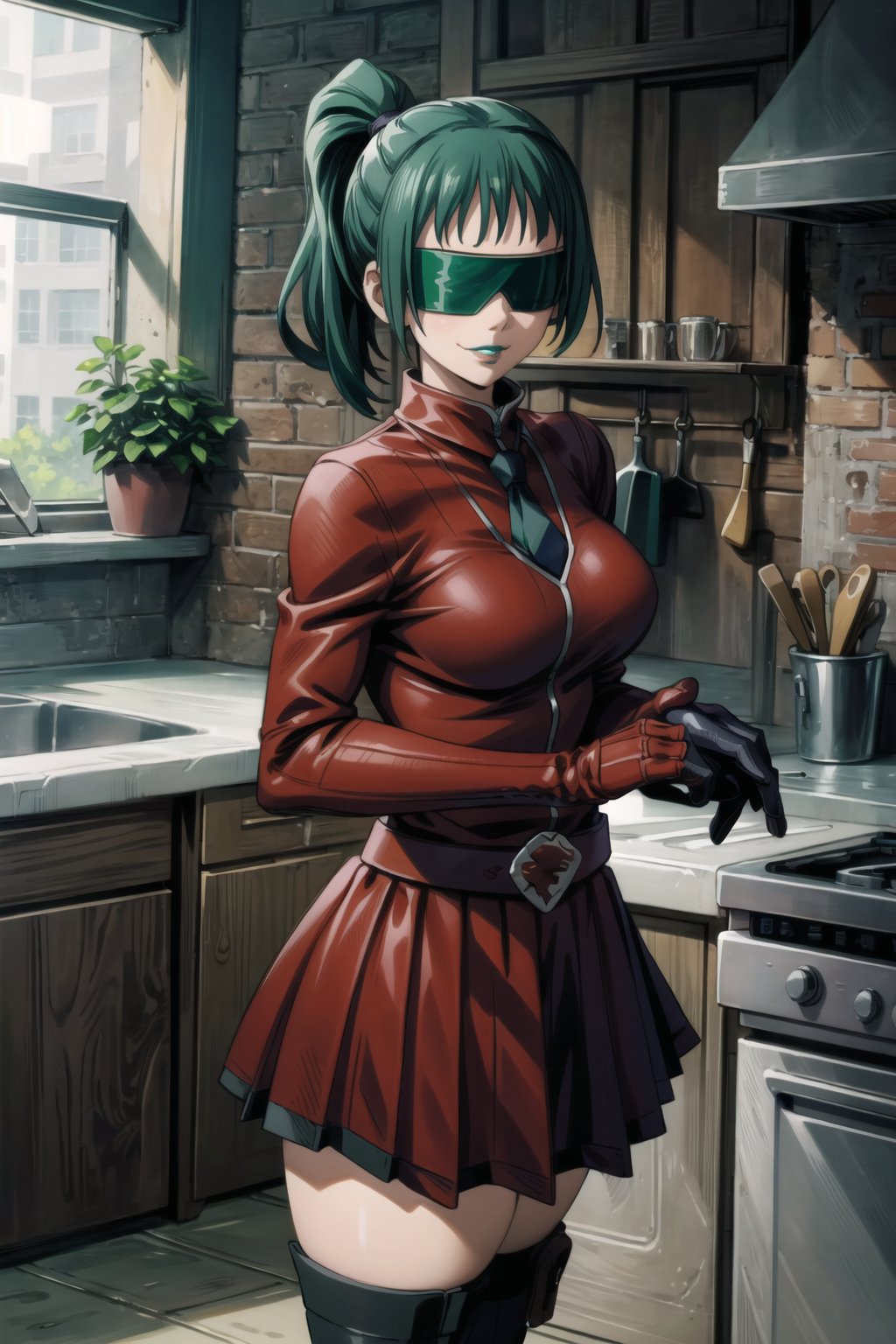 ((best quality)),  ((highly detailed)),  masterpiece,  ((official art)),   zenin_maki, green hair, brown eyes, ponytail, glasses, bangs,1girl, (blindfold), evil smile, lips, blue lips, gloves, juliet_sleeves, long_sleeves, pleated skirt, thighhighs, thigh boots, dress, belt, red dress, pantyhose, kitchen, looking at viewer, indoors,  alternate costume, brick, (intricately detailed, hyperdetailed), blurry background,depth of field, best quality, masterpiece, intricate details, tonemapping, sharp focus, hyper detailed, trending on Artstation,1 girl, high res, official artyper detailed
