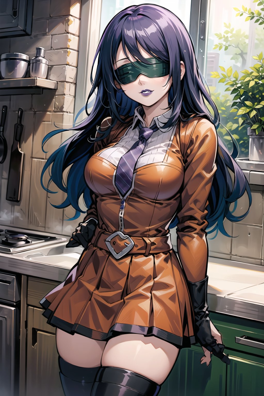 ((best quality)),  ((highly detailed)),  masterpiece,  ((official art)), H1N4T4, long hair, Black hair, 1girl, (blindfold), evil smile, (lips), (purple lips:1.2), gloves, Black necktie,juliet_sleeves, long_sleeves, pleated skirt, thighhighs, thigh boots, dress, belt, red dress, pantyhose, kitchen, looking at viewer, indoors,  alternate costume, brick, (intricately detailed, hyperdetailed), blurry background,depth of field, best quality, masterpiece, intricate details, tonemapping, sharp focus, hyper detailed, trending on Artstation,1 girl, high res, official art,kohaku,H1N4T4