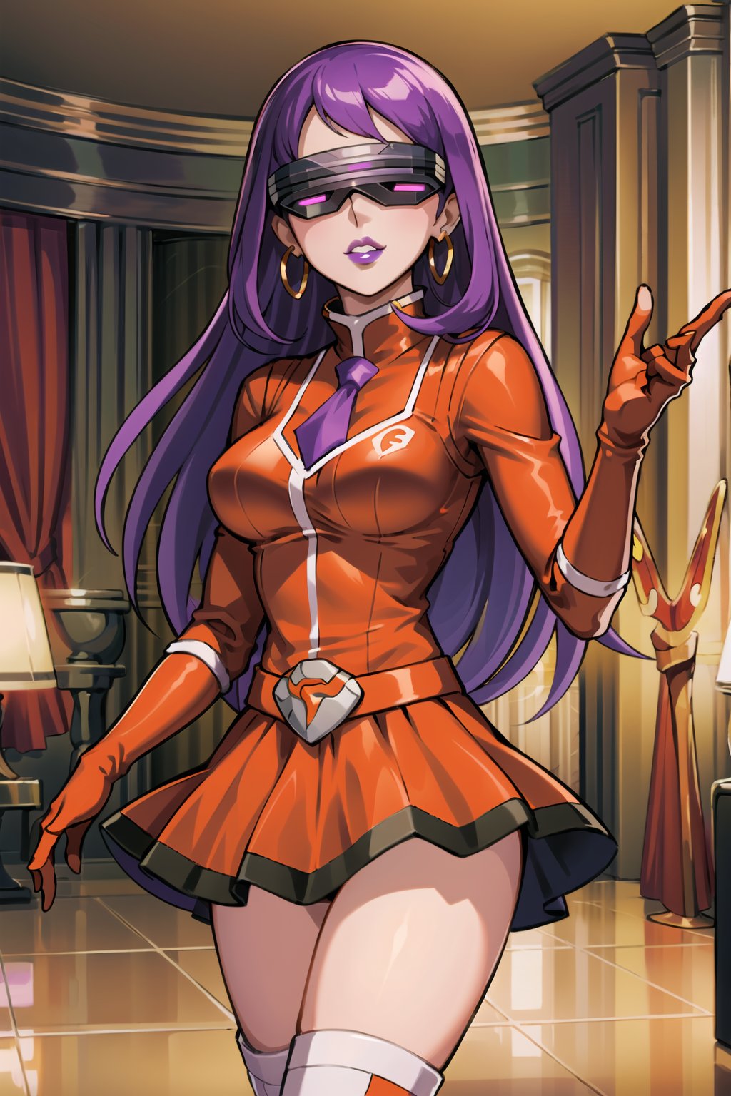 (best quality), (highly detailed), masterpiece, (official art),Saori, long hair, purple hair, hoop earrings, (team flare:1.2), (head-mounted display), ((purple lips)), gloves,juliet_sleeves, long_sleeves , pleated skirt, thighhighs, thigh boots, dress, belt, red dress, pantyhose, (lips:1.2), evil smile, (seductive pose:1.2), cowboy shot, looking at viewer, indoors, blurry background,depth of field, best quality, masterpiece, intricate details, tonemapping, sharp focus, hyper detailed, trending on Artstation,