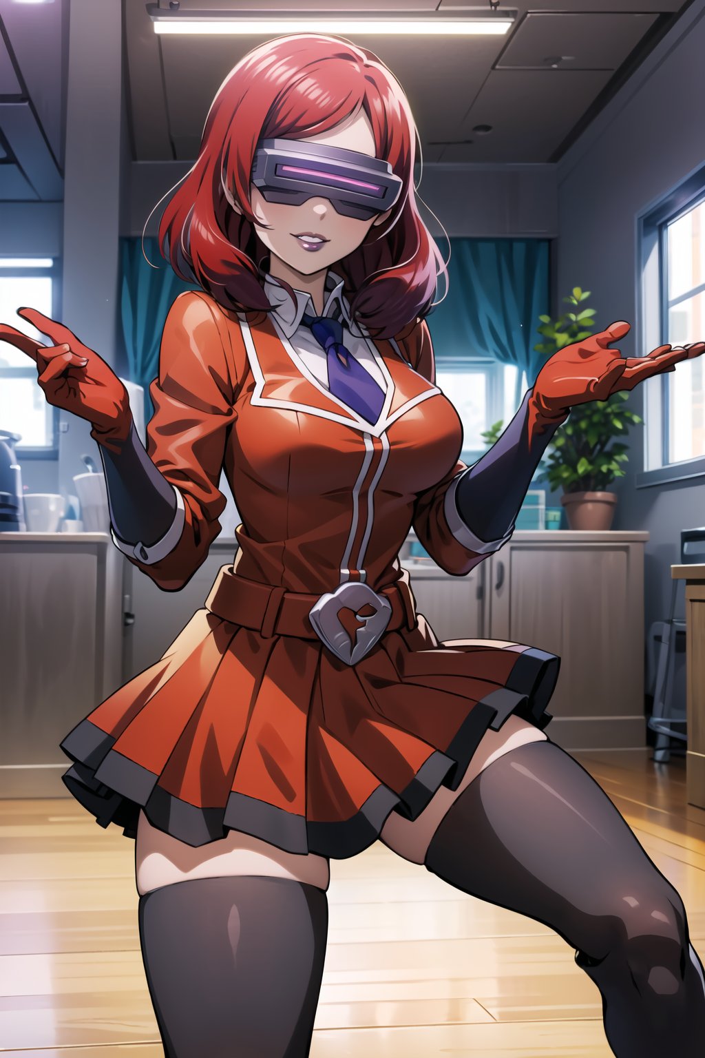 ((best quality)),  ((highly detailed)),  masterpiece,  ((official art)),  more_than_one_pose, stance, red hair, nishikino maki, 1girl, head-mounted display, evil smile, lips, (purple lips), gloves, juliet_sleeves, long_sleeves, pleated skirt, thighhighs, thigh boots, dress, belt, red dress, pantyhose, kitchen, looking at viewer, indoors, Office, desk, Windows, formal, (intricately detailed, hyperdetailed), blurry background,depth of field, best quality, masterpiece, intricate details, tonemapping, sharp focus, hyper detailed, trending on Artstation,1 girl, high res, official art