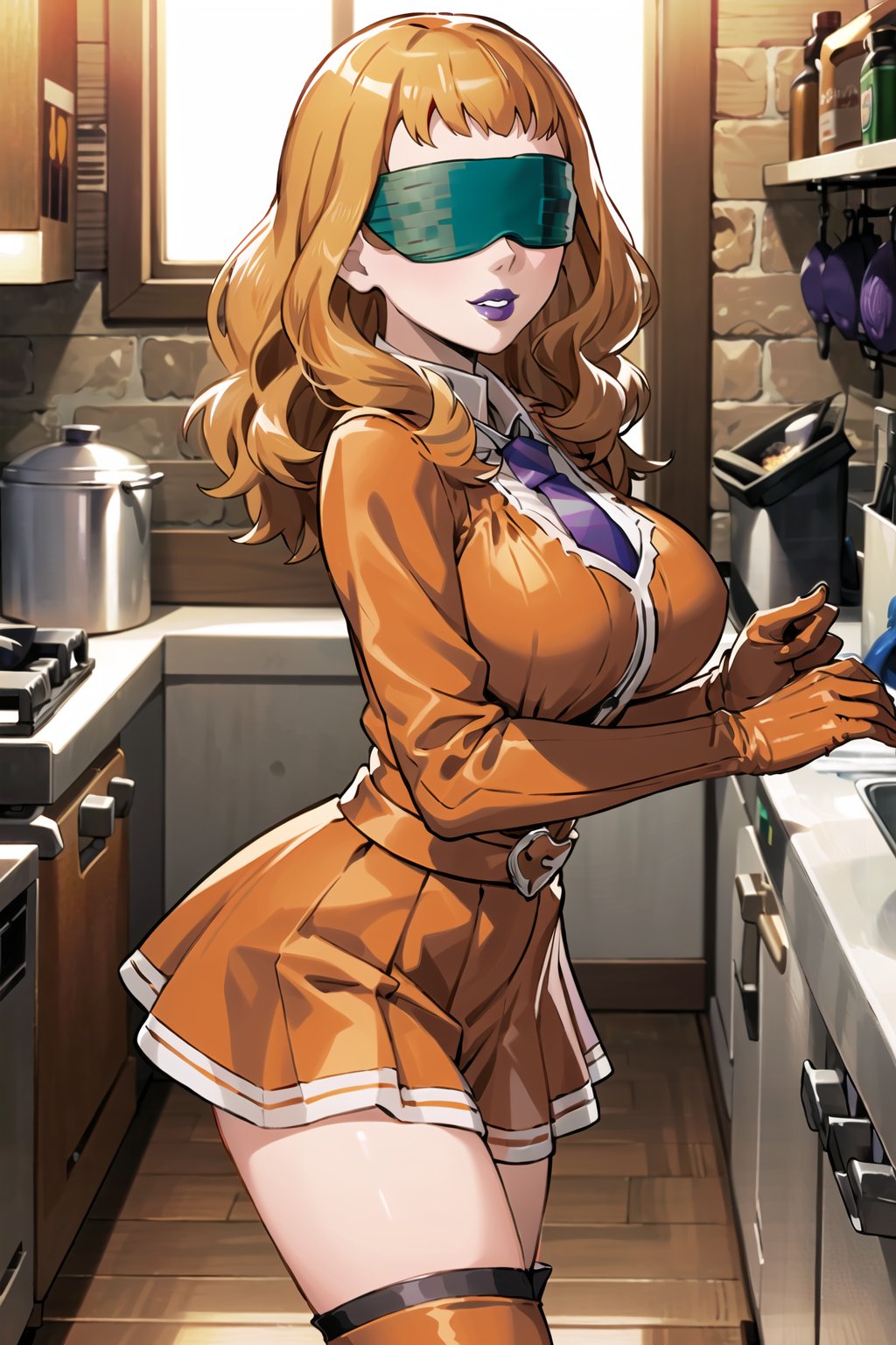 ((best quality)),  ((highly detailed)),  masterpiece,  ((official art)), mimosa vermilion ,  orange hair, 1girl, (blindfold), evil smile, (lips), (purple lips:1.2), gloves, Black necktie,juliet_sleeves, long_sleeves, pleated skirt, thighhighs, thigh boots, dress, belt, ((red dress)), pantyhose, kitchen, looking at viewer, indoors,  brick, (intricately detailed, hyperdetailed), blurry background,depth of field, best quality, masterpiece, intricate details, tonemapping, sharp focus, hyper detailed, trending on Artstation,1 girl, high res, official art