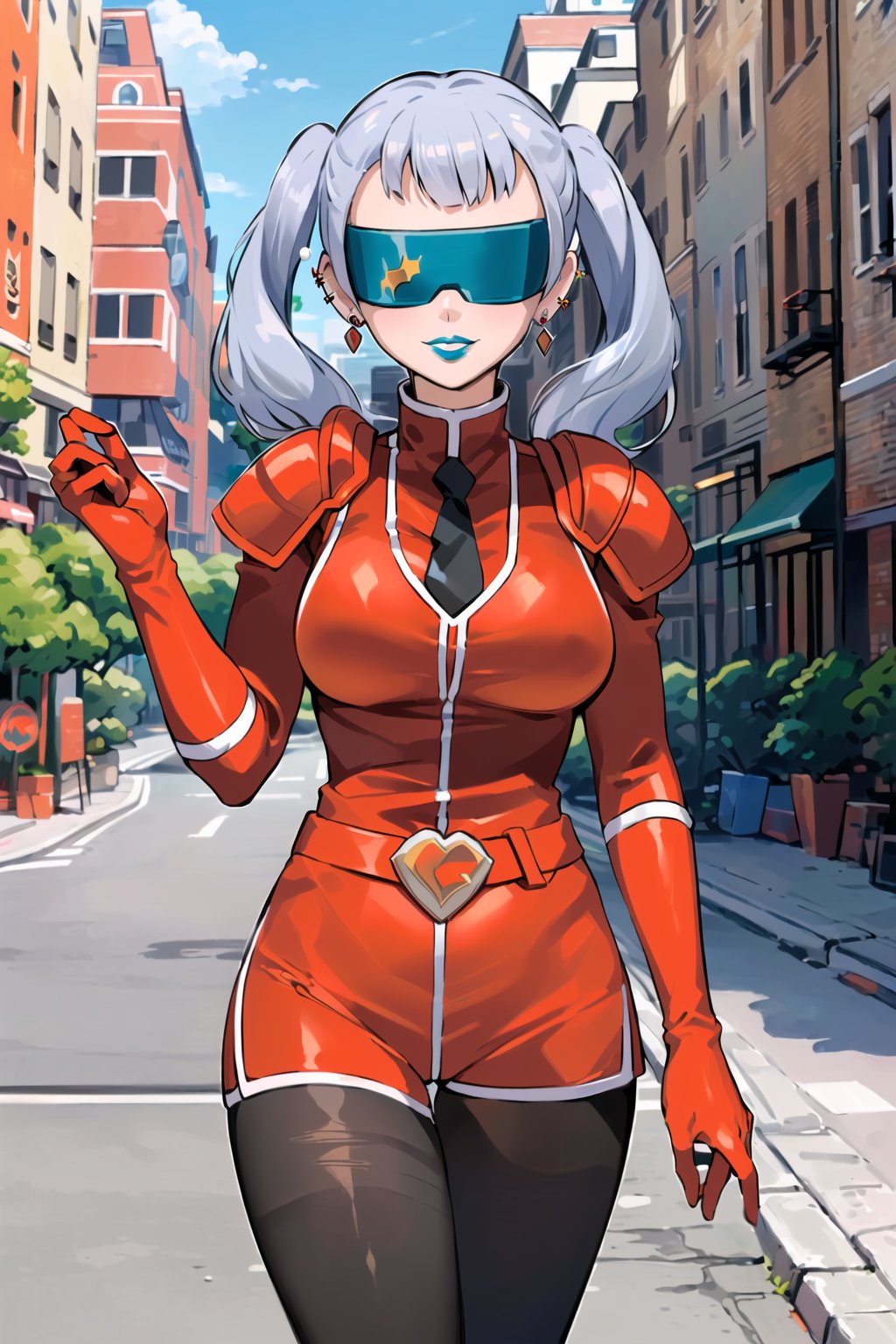 ((best quality)), ((highly detailed)), masterpiece, ((official art), (noelle_silva, silver hair, twintails, bangs, earrings, jewelry), (blindfold), evil smile, lips, blue lips, outdoor, city, street,  (red bodysuit), shoulder armor,  shoulder pads, necktie, red gloves, red jacket, belt, red skirt, black pantyhose, 