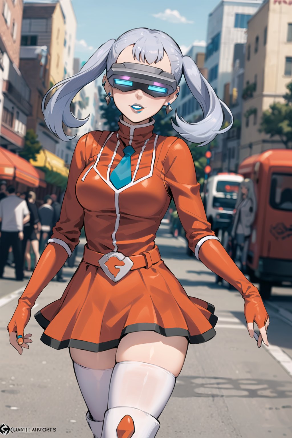 ((best quality)), ((highly detailed)), masterpiece, ((official art), (noelle_silva, silver hair, twintails, bangs, earrings, jewelry), (head-mounted display), evil smile, lips, blue lips, outdoor, city, street, gloves, juliet_sleeves, long_sleeves, pleated skirt, thighhighs, thigh boots, dress, belt, red dress, pantyhose,,  blurry background, depth of field, best quality, masterpiece, intricate details, tonemapping, sharp focus, hyper detailed, trending on Artstation,