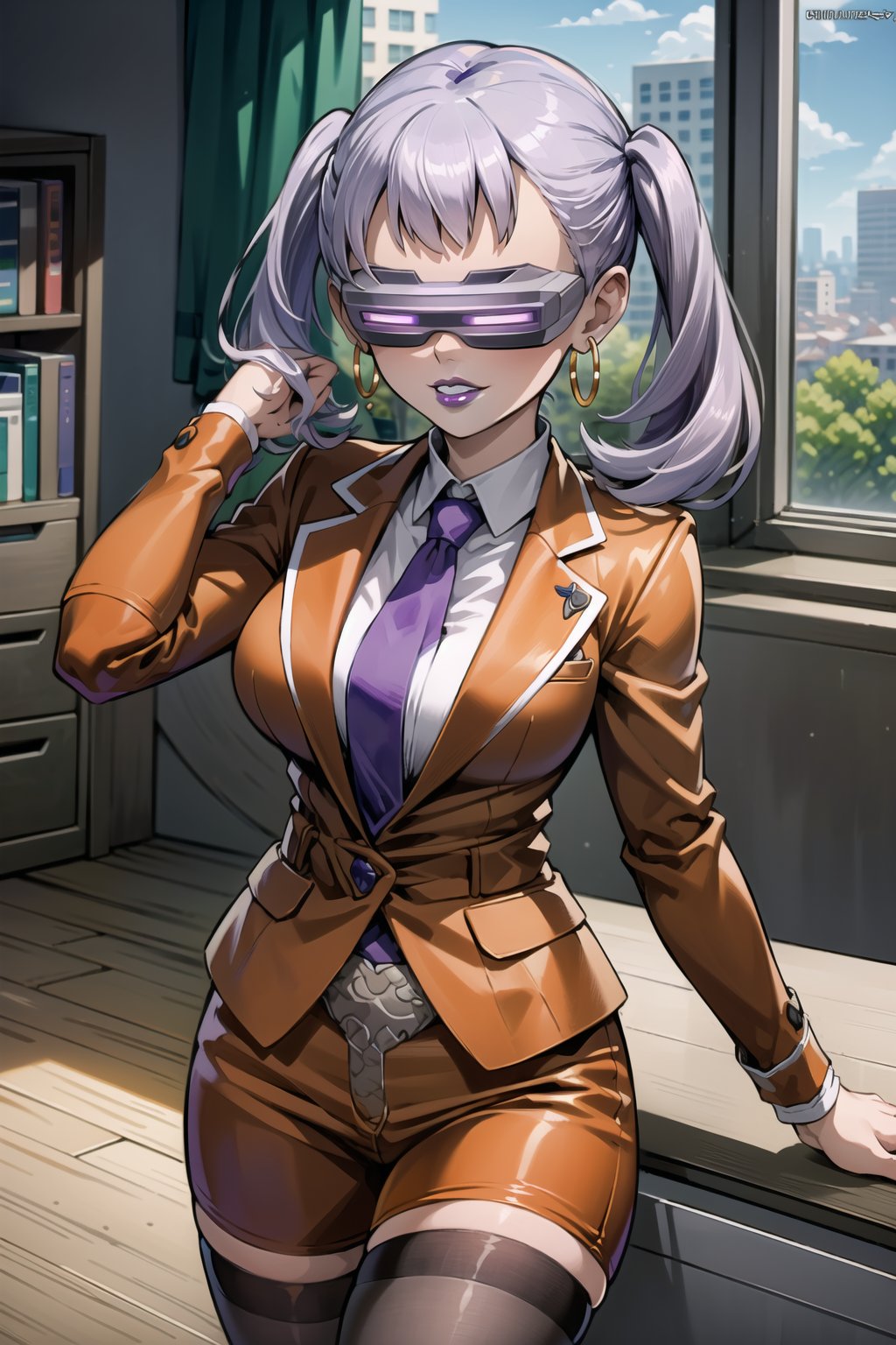 ((best quality)),  ((highly detailed)),  masterpiece,  ((official art)),  noelle_silva, silver hair, bangs, twintails, hoop earrings,  1girl, head-mounted display, evil smile, lips, (purple lips:1.2), white shirt, necktie, red suit, pencil skirt, belt, Black pantyhose, looking at viewer, indoors, Office, desk, Windows, formal, (intricately detailed, hyperdetailed), blurry background,depth of field, best quality, masterpiece, intricate details, tonemapping, sharp focus, hyper detailed, trending on Artstation,1 girl, high res, official art